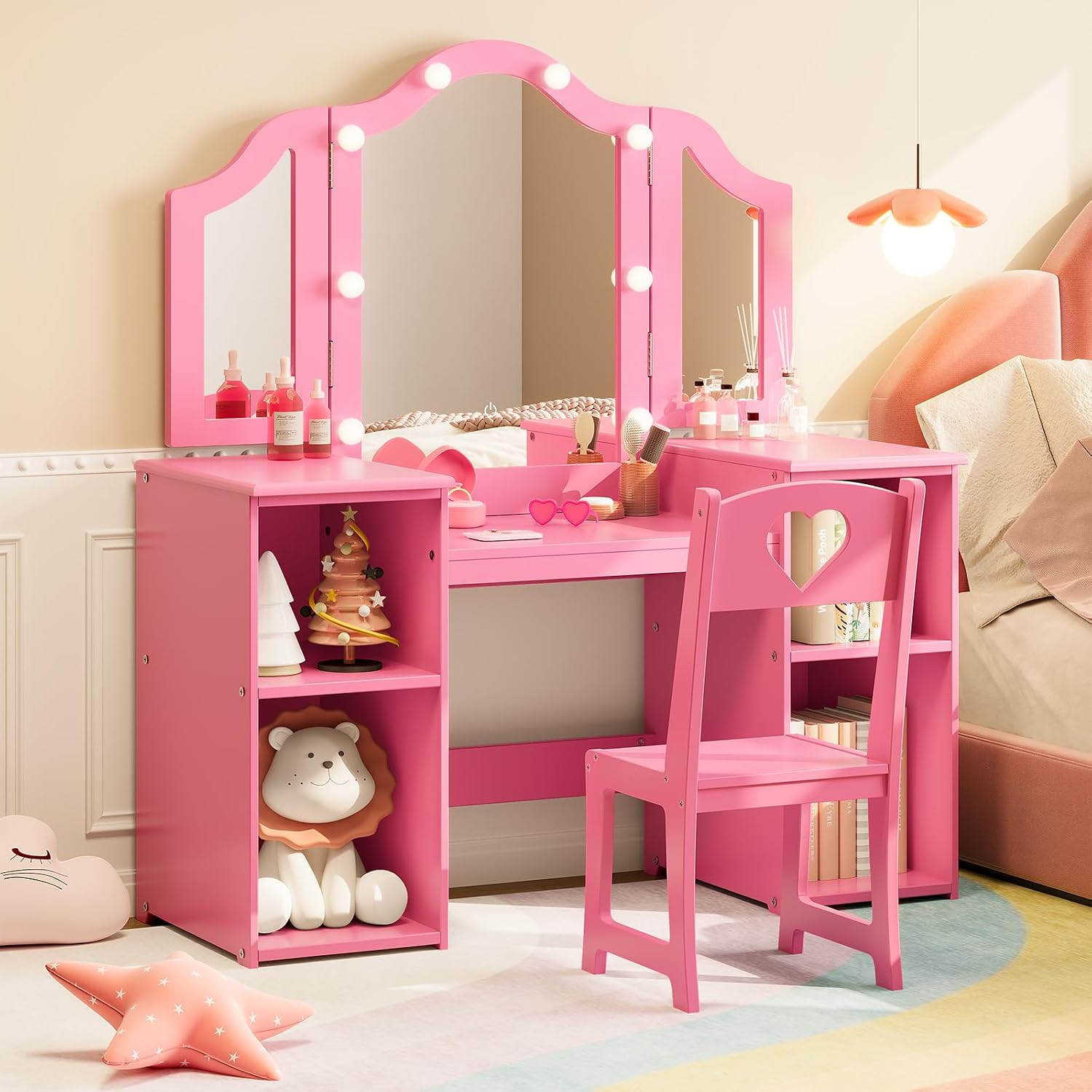 Garvee Princess Vanity Table & Chair Set for Girls with Tri-Folding Mirror, Touch Light Vanity Desk with Storage & High Back Chair - Convertible to Writing Desk, Gift for Girls