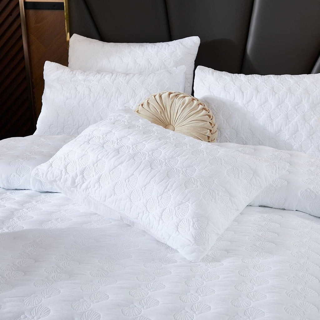 Brandream White Quilt Set Queen Size Cotton Quilted Comforter Set Coastal Seashell Matelasse Coverlet Set 3-Piece
