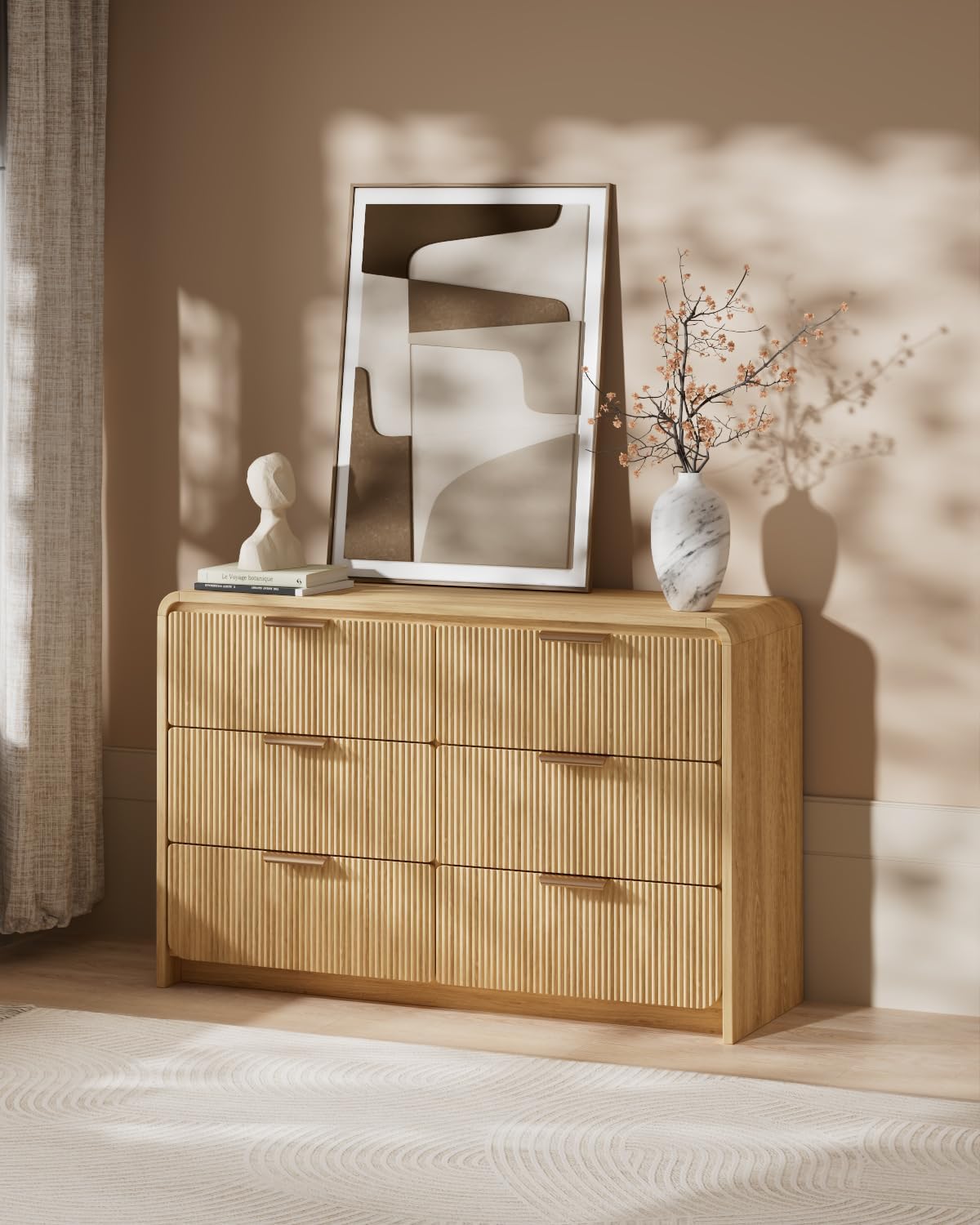 Fluted 6 Drawer Dresser, 47' Wide Wooden Storage Chest with Rounded Curved Corners and Gold Handles, Natural Oak Wood Dresser for Bedroom, Living Room, Hallway