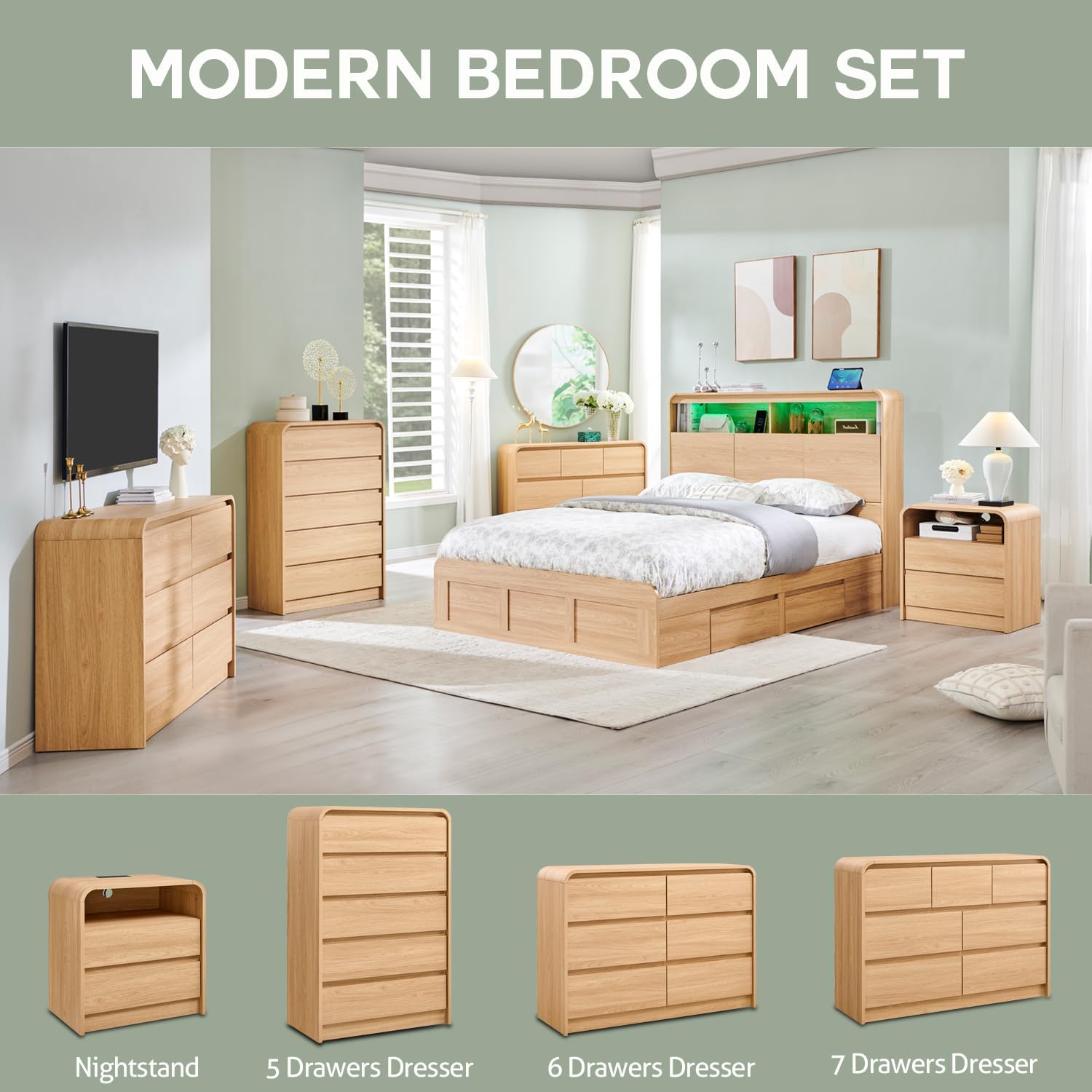 Aitjunz Modern 5 Drawers Dresser for Bedroom, 45' Tall Dressers & Chests of Drawers w/Curved Profile Design, Wood Mid Century Vertical Dresser w/Natural Texture for Bedroom, Living Room, Natural Oak