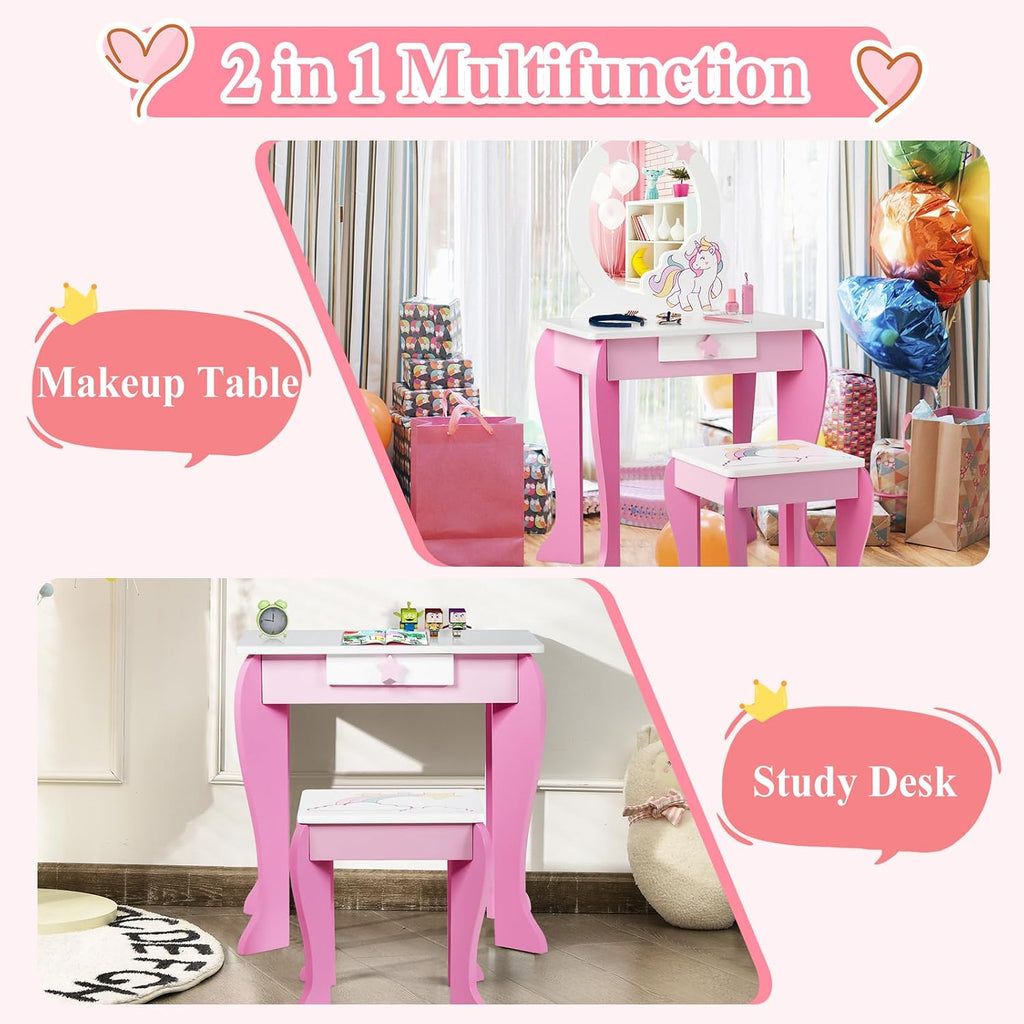 GLACER Kids Vanity & Kids Jewelry Armoire, Princess Little Girls Vanity, Standing Children Jewelry Organizer w/Full-Length Mirror & Foldable Drawers, Adjustable Angles, Kids Bedroom Set (Pink)