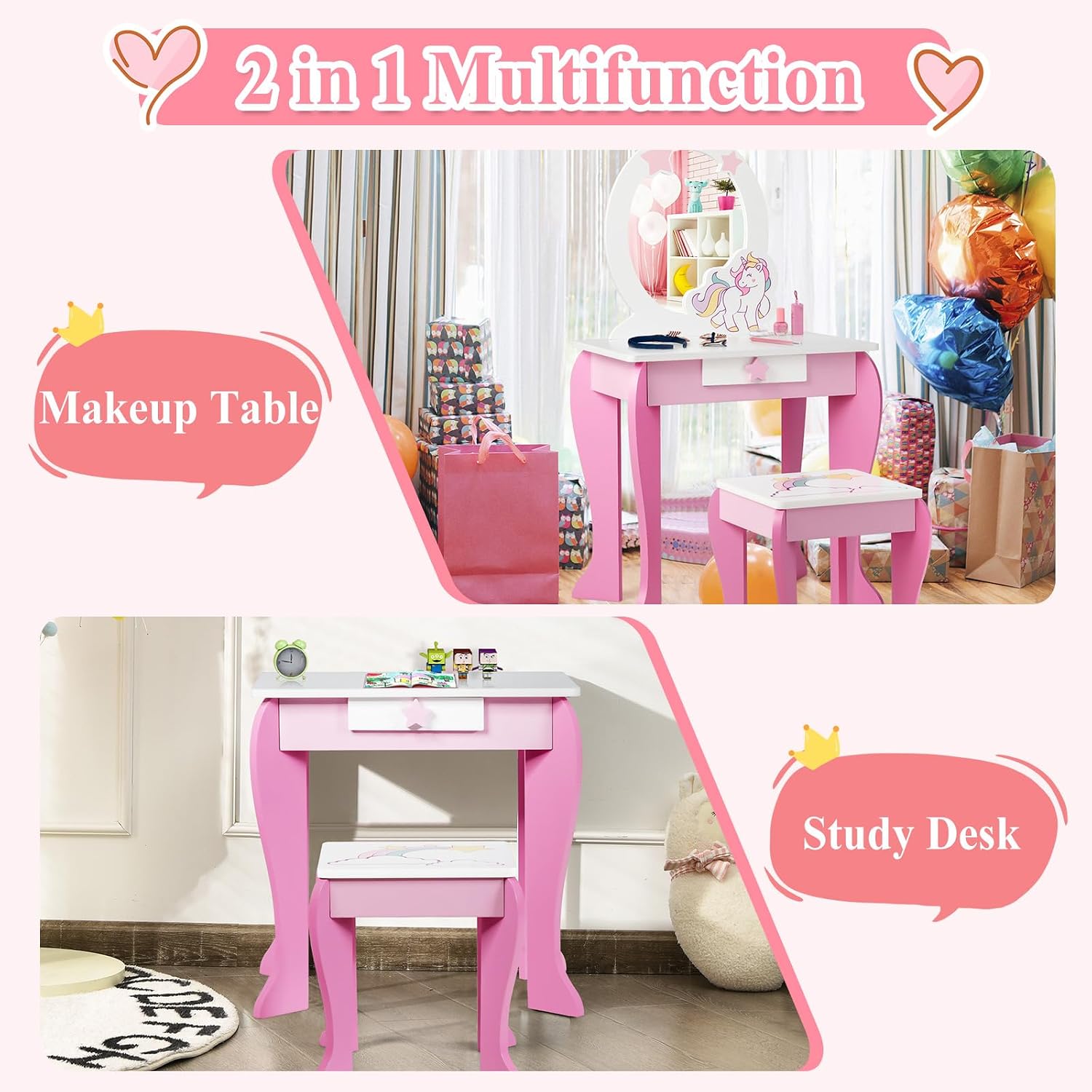 GLACER Kids Vanity & Kids Jewelry Armoire, Princess Little Girls Vanity, Standing Children Jewelry Organizer w/Full-Length Mirror & Foldable Drawers, Adjustable Angles, Kids Bedroom Set (Pink)