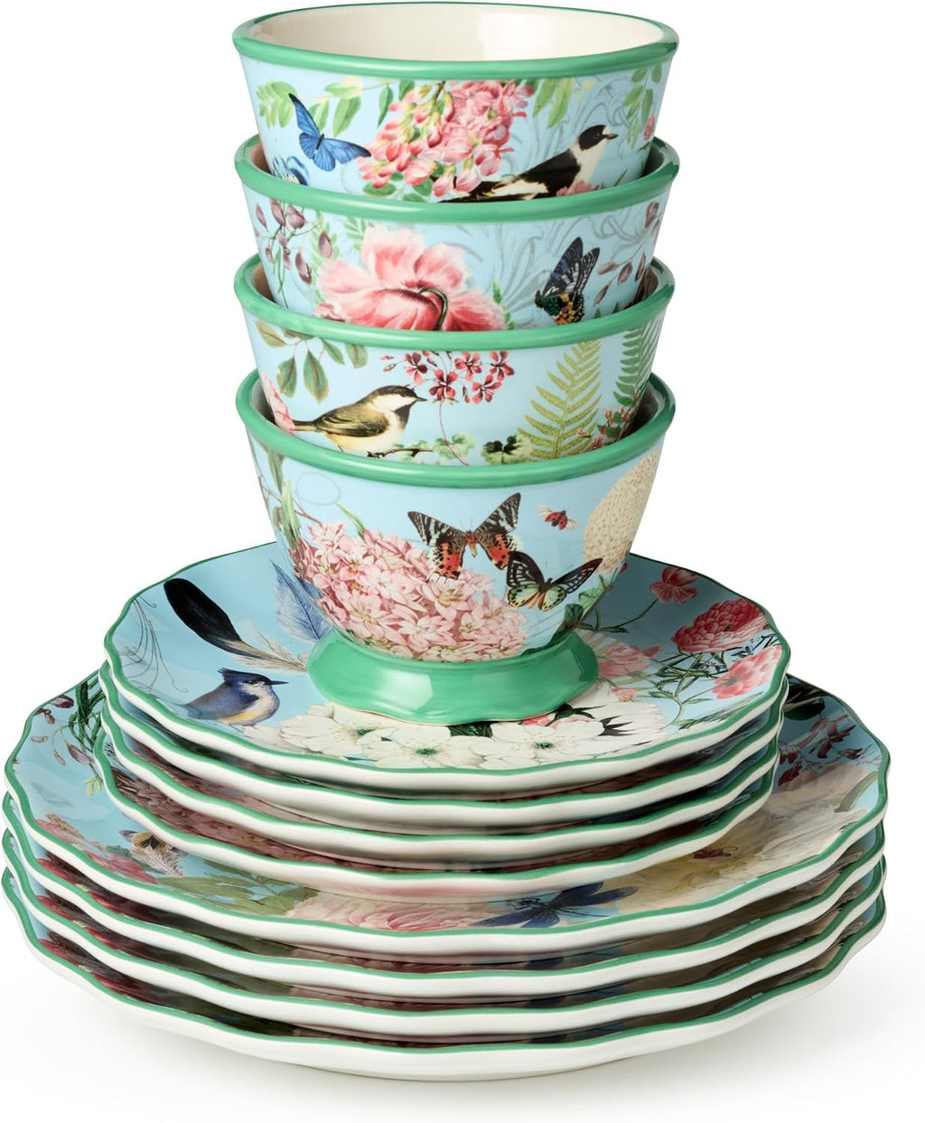 Flora 16-Piece Dinnerware Set, Service for 4 – Includes Dinner Plates, Dessert Plates, Pedestal Mugs, and Pedestal Ice Cream Bowls with Vibrant Nature-Inspired Floral Designs