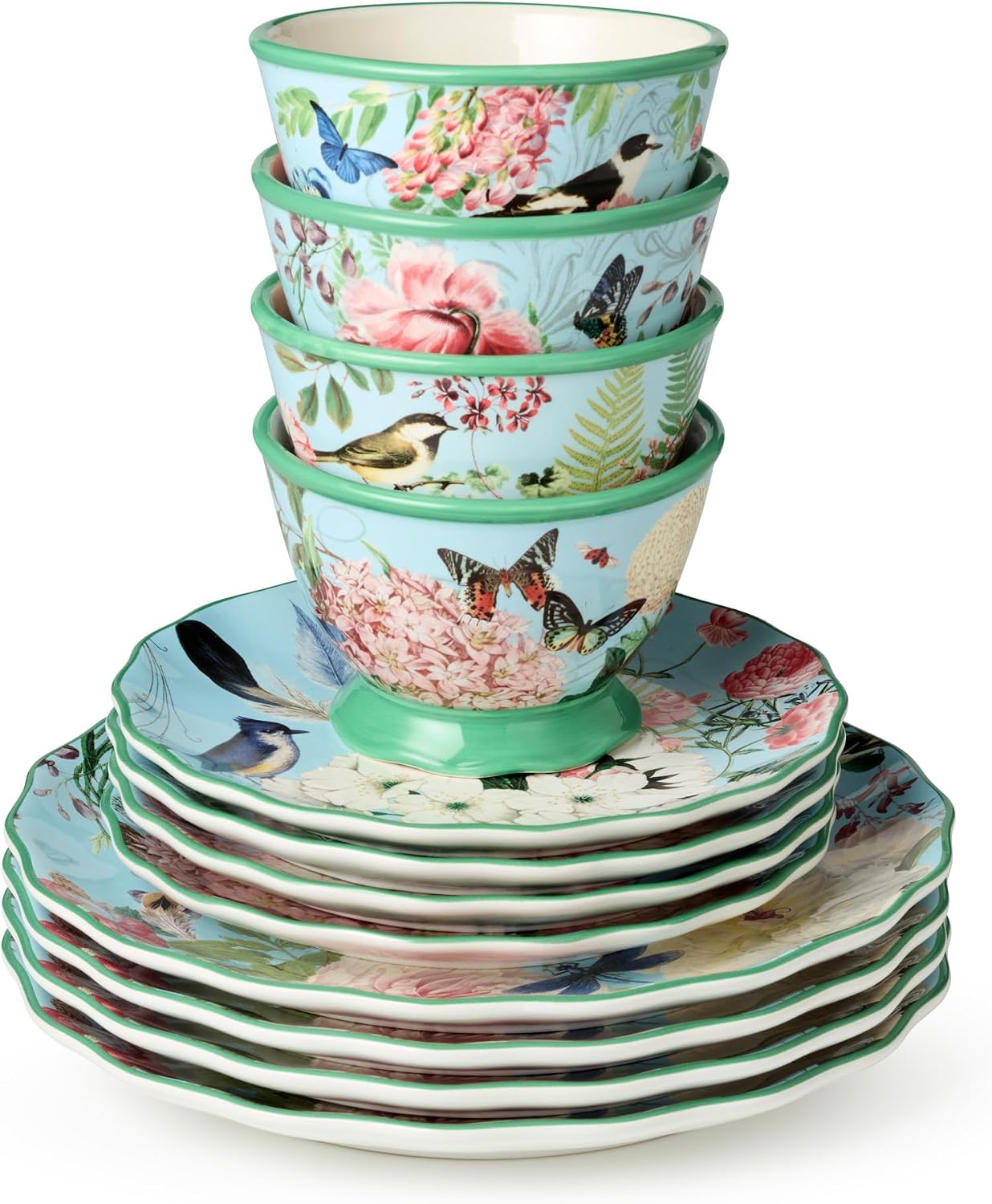 Flora 16-Piece Dinnerware Set, Service for 4 – Includes Dinner Plates, Dessert Plates, Pedestal Mugs, and Pedestal Ice Cream Bowls with Vibrant Nature-Inspired Floral Designs