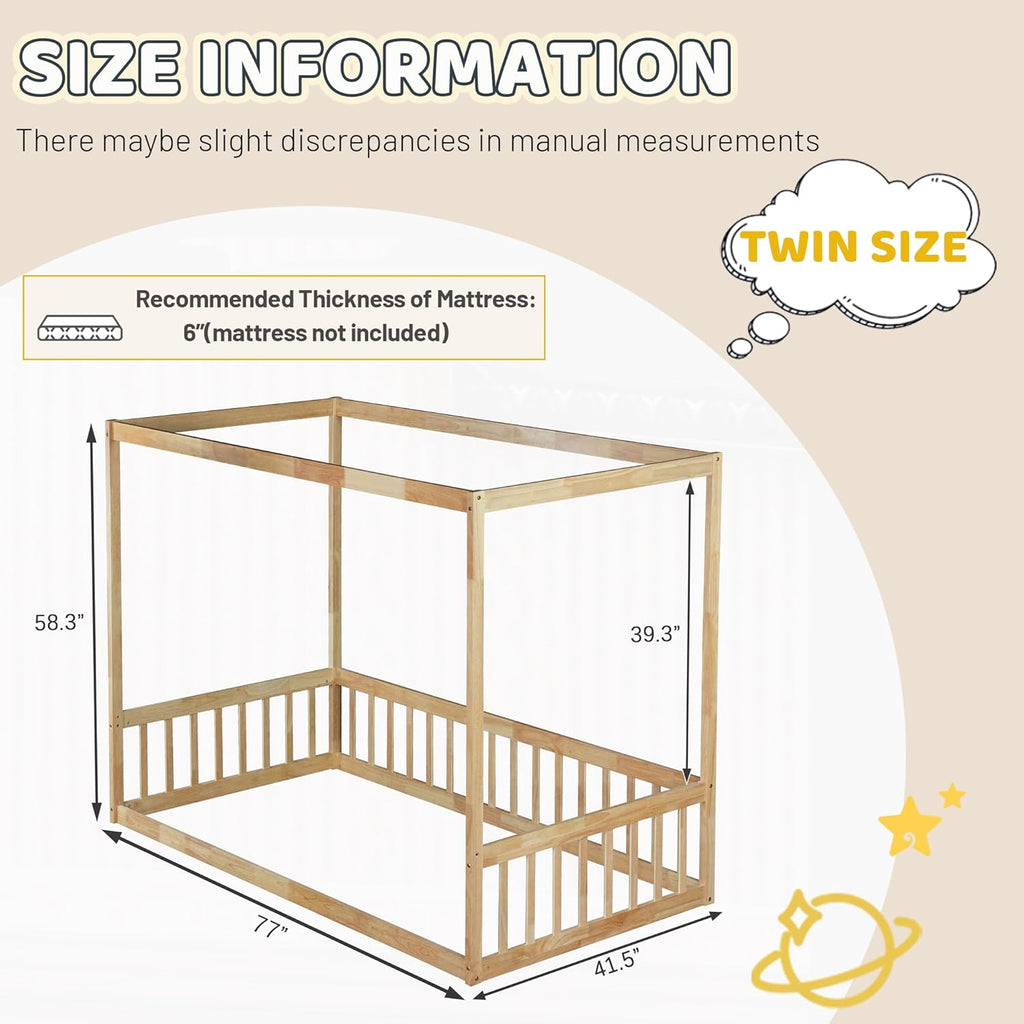 Twin Size Montessori Floor Bed with Canopy Frame and High Guardrails, Solid Wood Twin Canopy Bed with 4 Posters, Safe and Stylish Canopy Twin Bed for Kids Girls Boys,Natural