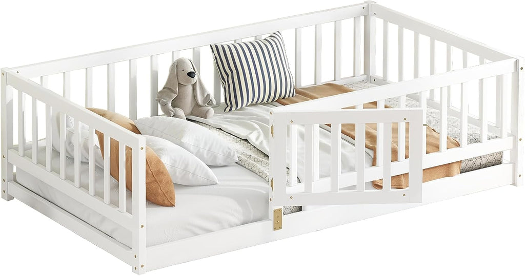 KEIKI Twin Size Wooden Floor Bed, Montessori Platform Bed Frame with Door & Safety Rails, Space Saving Kids Beds for Boys Girls Bedroom, No Box Spring Needed, Easy Assembly, Noise Free, White