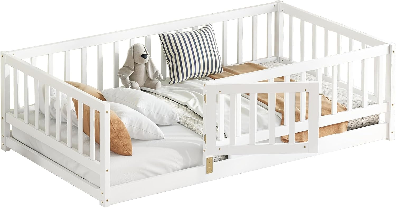 KEIKI Twin Size Wooden Floor Bed, Montessori Platform Bed Frame with Door & Safety Rails, Space Saving Kids Beds for Boys Girls Bedroom, No Box Spring Needed, Easy Assembly, Noise Free, White