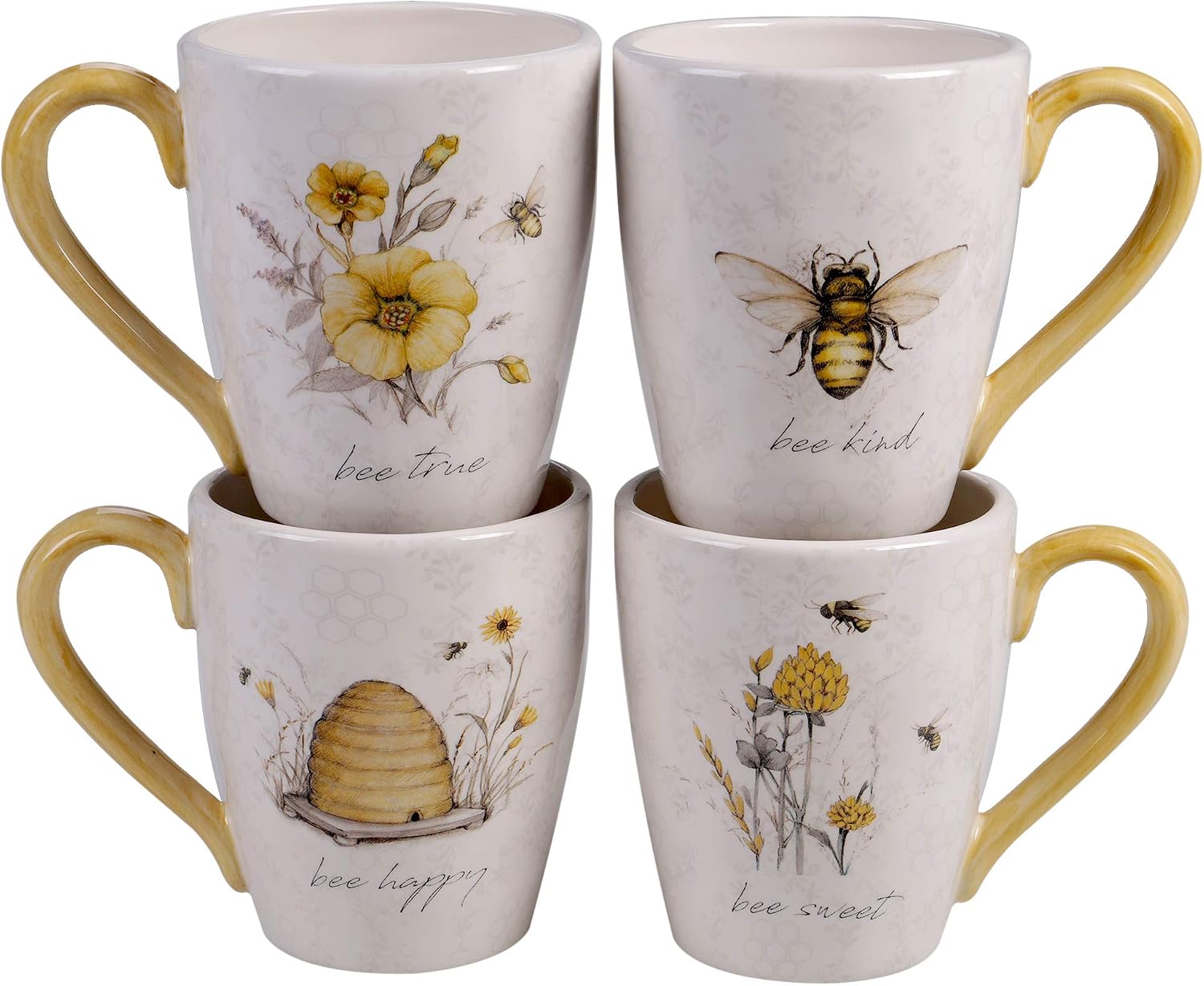 Bee Sweet 16-Piece Ceramic Dinnerware Set – Service for 4, Farmhouse Bee and Floral Design, Includes 4 Dinner Plates, 4 Salad Plates, 4 Bowls, 4 Large Mugs – Microwave & Dishwasher Safe