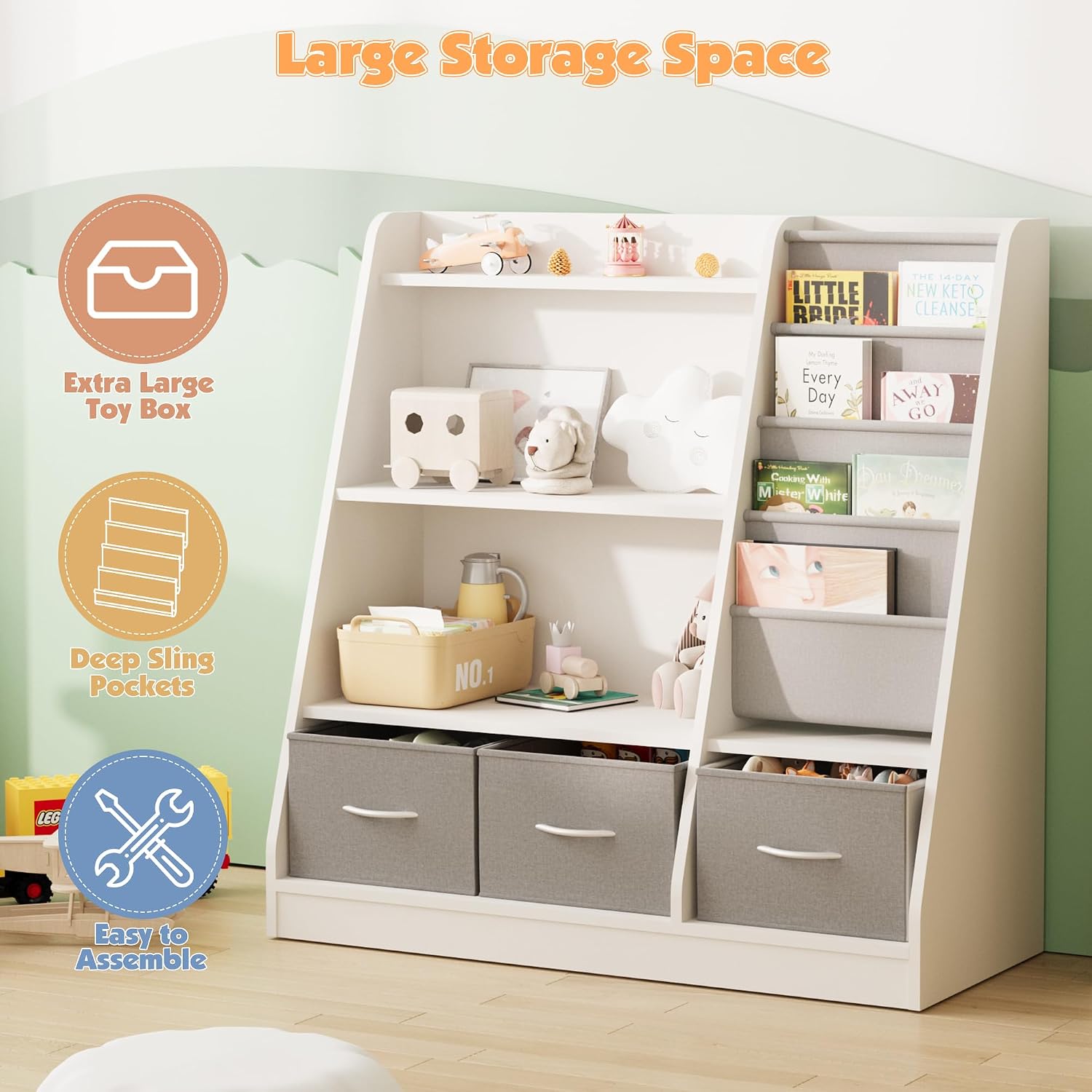 NACHES Kids Bookshelf and Toy Storage Organizer, Montessori Nursery Book Shelves with Sling Rack & Fabric Toy Bins, Children Toddler Baby Bookcase, Wooden Toy Shelf for Kids Room, Playroom, White