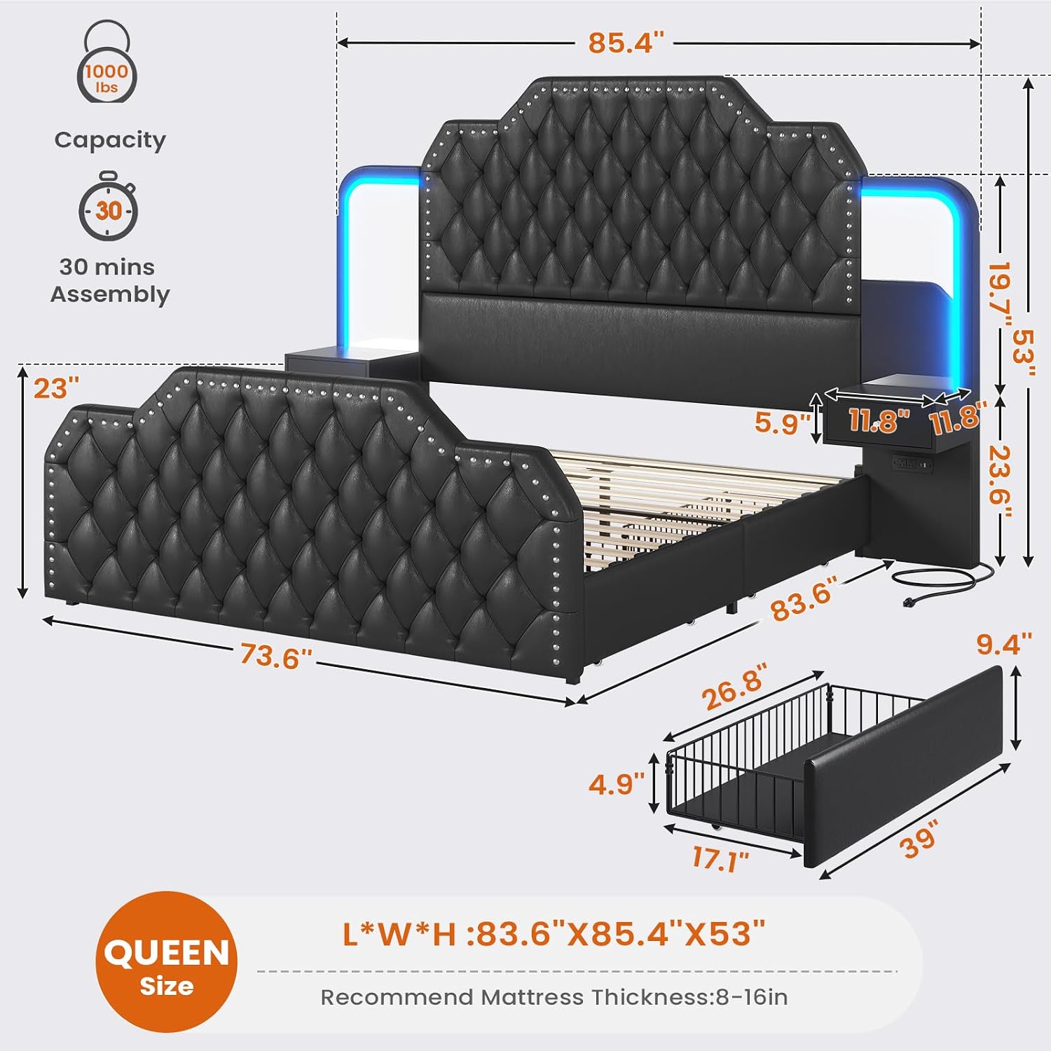 Itaar Queen Bed Frame with 53' Tall Headboard and 4 Storage Drawers, PU Leather Upholstered Platform Bed Frame, Built in Charging Station & Led, 2 Nightstands with Mirror, Black