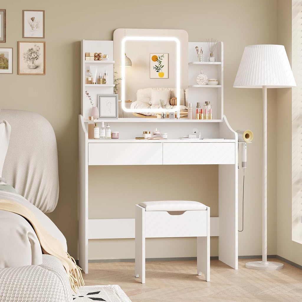 Vabches Vanity Desk with LED Mirror, Makeup Vanity with Power Outlet, 3 Lighting Modes Dressing Table with 2 Drawers & Hair Dryer Holder, for Bedroom Dressing Room, Women Girls White