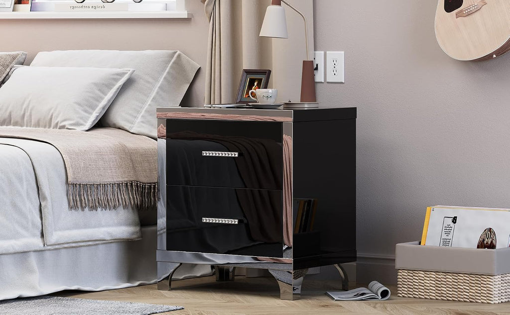 Henf Modern Black Nightstand Set of 2 for Bedroom, Elegant High Gloss 2 Drawer Night Stand with Silver Mirrored Legs, Small Wood End Table Sofa Side Table for Living Room Bedroom Apartment (Black)