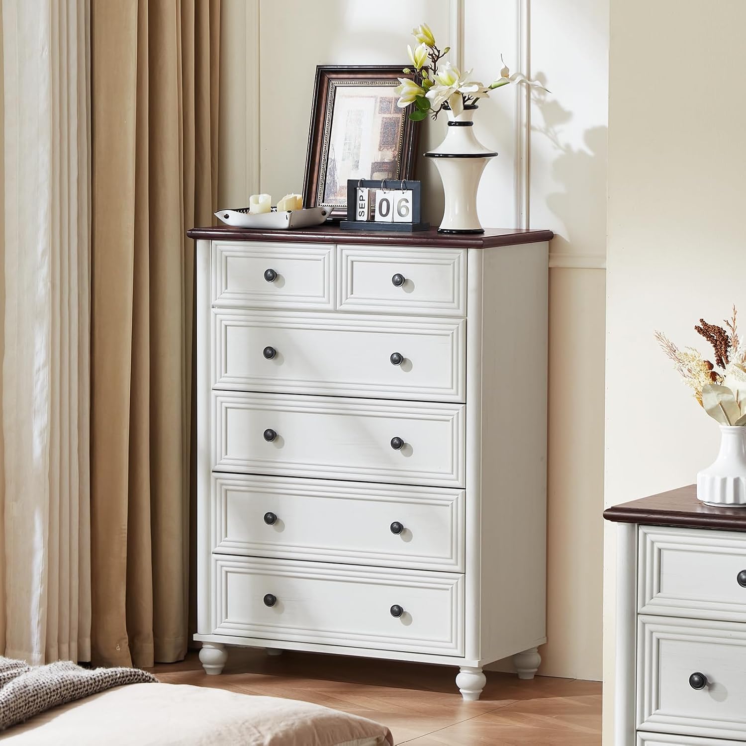 RWYHG Farmhouse Dresser and Nightstand Sets 4 Piece, Wooden 7 Drawers Dresser & 43.5' Tall Chest of Drawers, 18' Roman Column Nightstand Set of 2, Furniture Dressers for Bedroom, Living Room
