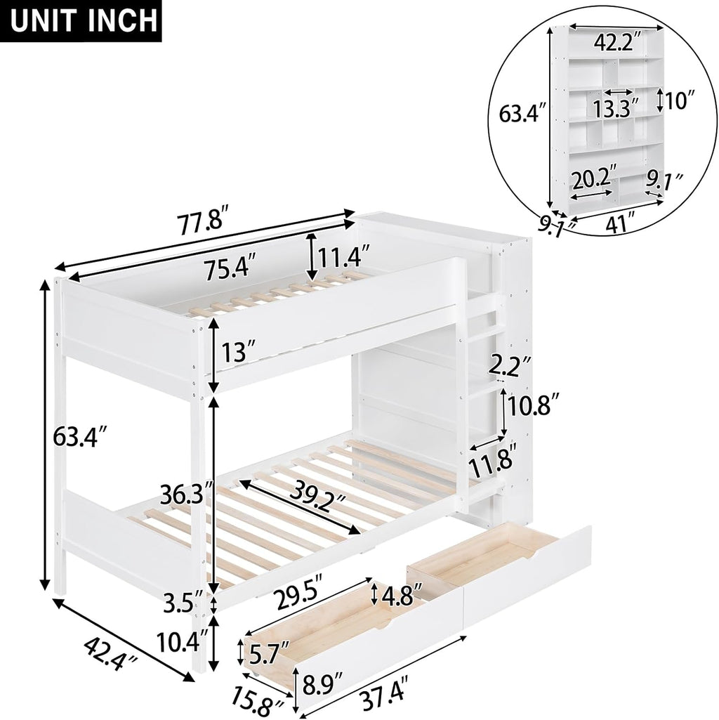 Twin Over Twin Bunk Bed with Bookcase, Wood Bunk Bed Frame with 2 Drawers and Multi-Layer Cabinet Storage Shelves, Bed with High Guardrails for Kids Teens(White, Twin)