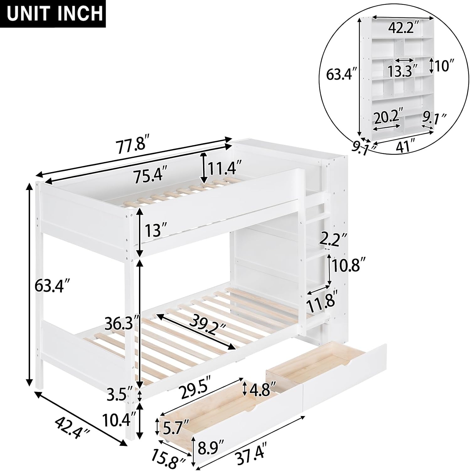 Twin Over Twin Bunk Bed with Bookcase, Wood Bunk Bed Frame with 2 Drawers and Multi-Layer Cabinet Storage Shelves, Bed with High Guardrails for Kids Teens(White, Twin)