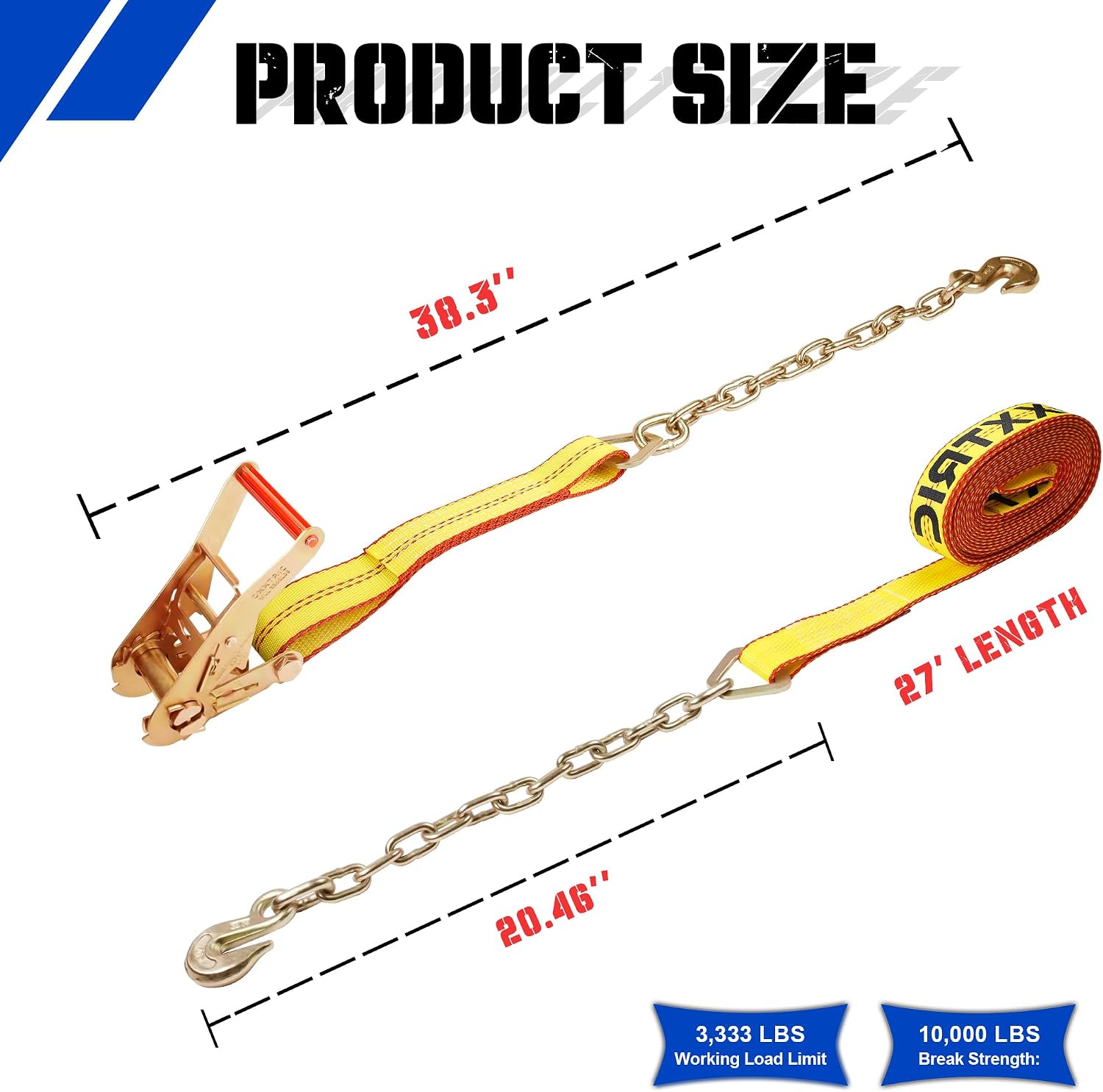 Chain Ratchet Straps 2 Inch x 27 Foot, 4 Pack, Heavy Duty Ratchet Straps with Chain Anchors & Grab Hooks, 10,000 lbs Break Strength,Heavy Equipment Tie-Downs, Cargo Tie Down