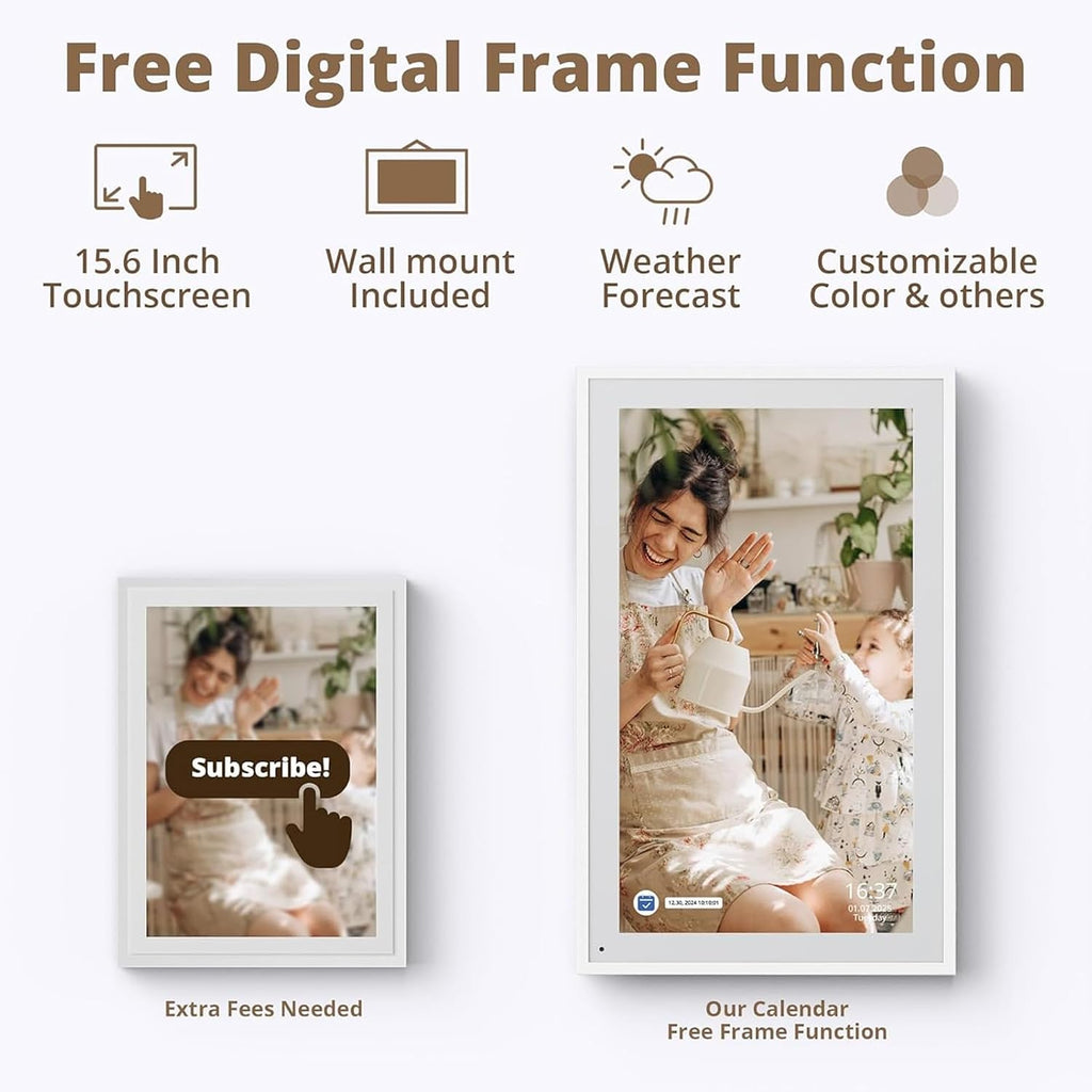 Smart Digital Calendar & Chore Chart with 15.6 Inch FHD Touchscreen, Interactive Family Planner Sync, Wall Mountable Digital Photo Frame (US Plug 100‑240V)