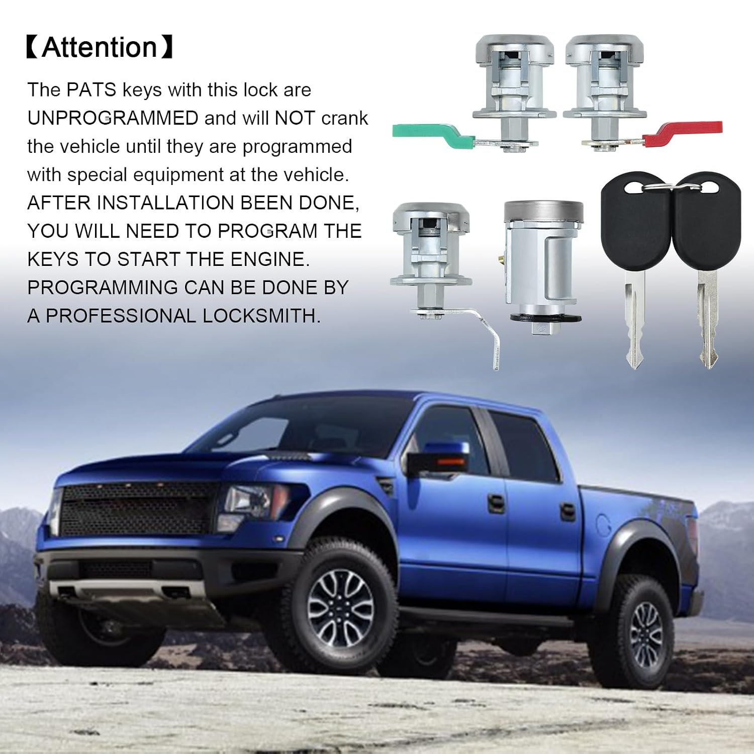for Ford F150 2004-2014, F250 2008-2016, F350 2008-2016 Ignition Switch Lock Cylinder & Door Lock Cylinders & Pickup Tailgate with Lock Pawl Lever Set W/2 PATS Keys Replace# 924-717+DL5885(with Chip)