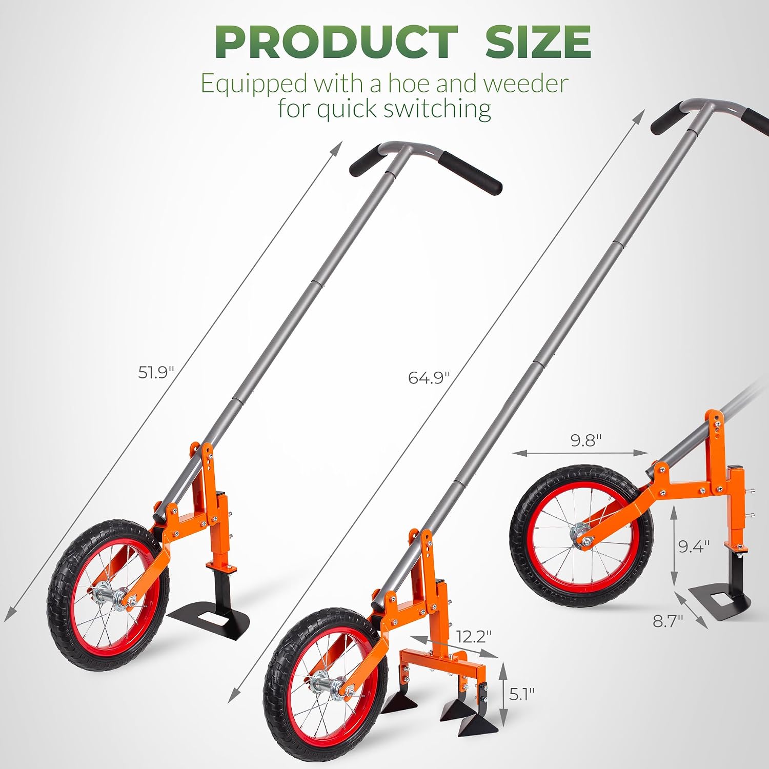 Walensee 2-in-1 Manual Wheel Hoe Garden Cultivator, Push Plow with Adjustable Long Handle 51.9–64.9 in, Dual Tools for Soil Loosening & Weeding, Heavy Duty Steel Frame, Lawn & Garden Tiller