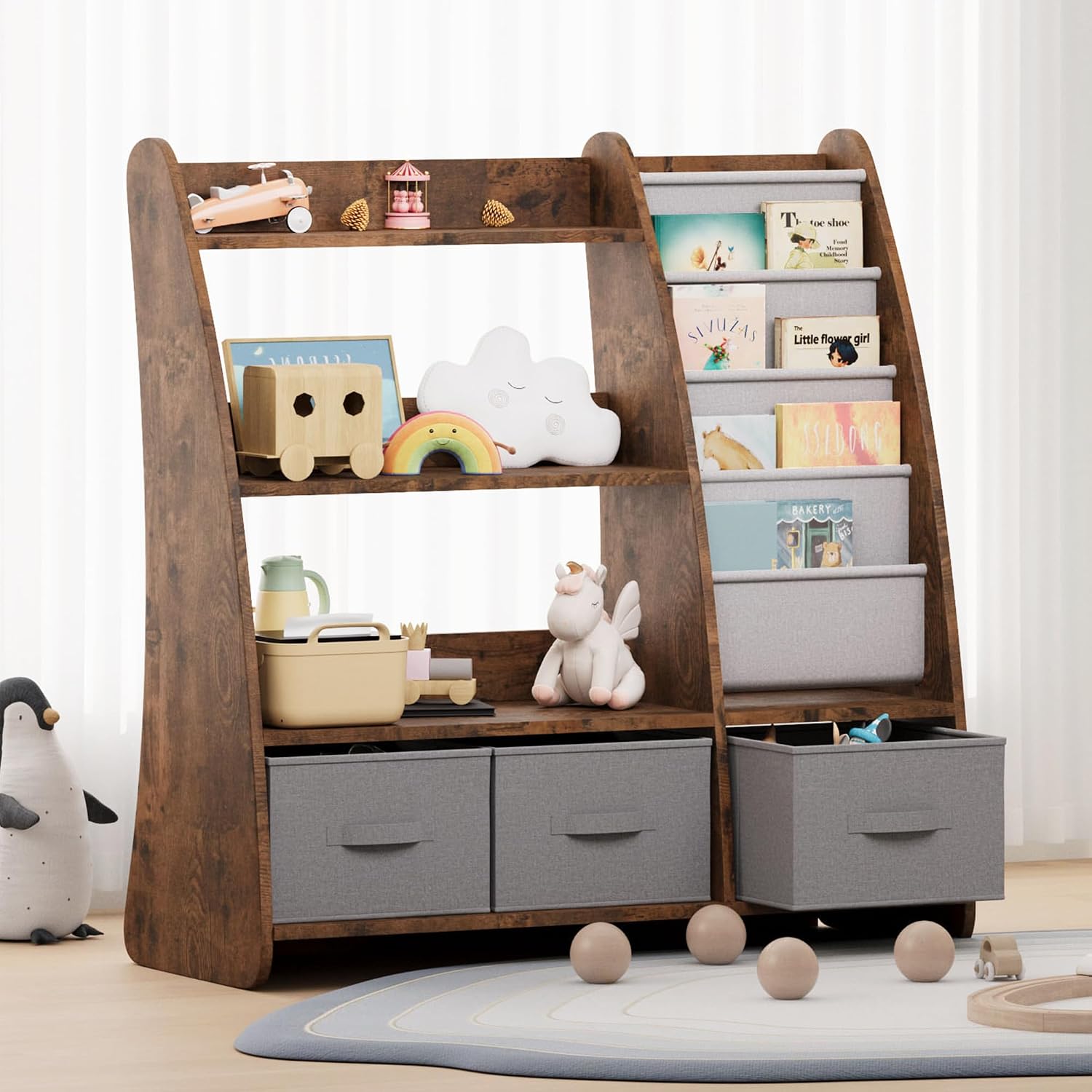 NACHES Kids Bookshelf and Toy Storage Organizer, Montessori Nursery Book Shelves with Sling Rack & Fabric Toy Bins, Toddler Baby Bookcase, Wooden Toy Shelf for Kids Room, Playroom, Sail-Rustic Brown