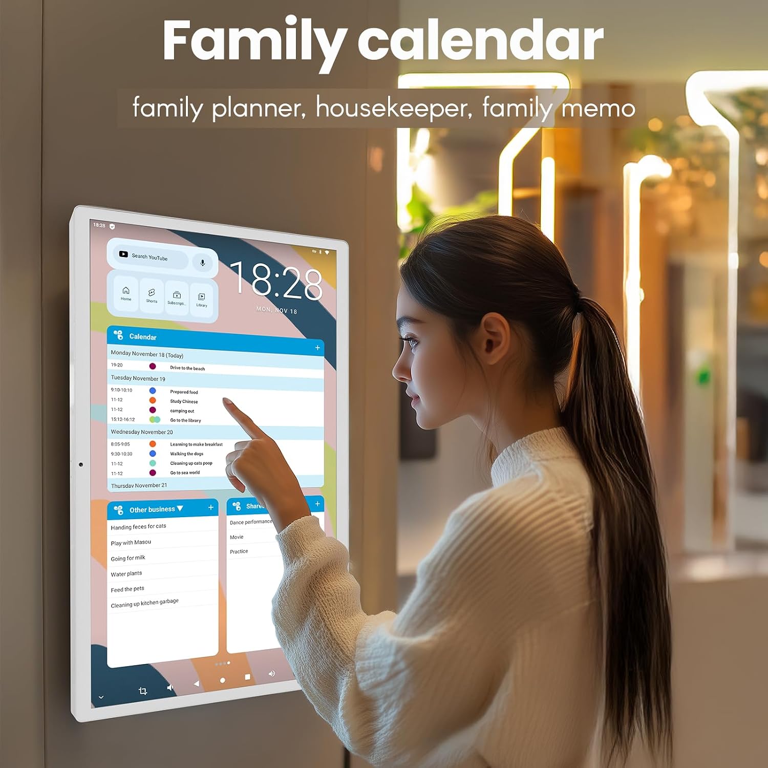 21.5-inch Digital Calendar, 6+128G 1080P Smart Calendar with Touchscreen, Electronic Wall Planner Chore Chart with Advanced Voice Interaction for Family Schedules, Wall Mount Included
