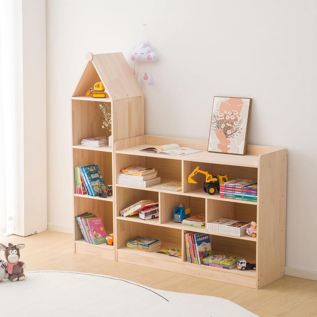 Wooden 7 Compartment Storage Cabinet Organizer Kids 3 Tier Wood Bookshelf School Storage Shelf Classroom Furniture for Kids Natural (47.24' L x 11.81' W x 35.43' H)