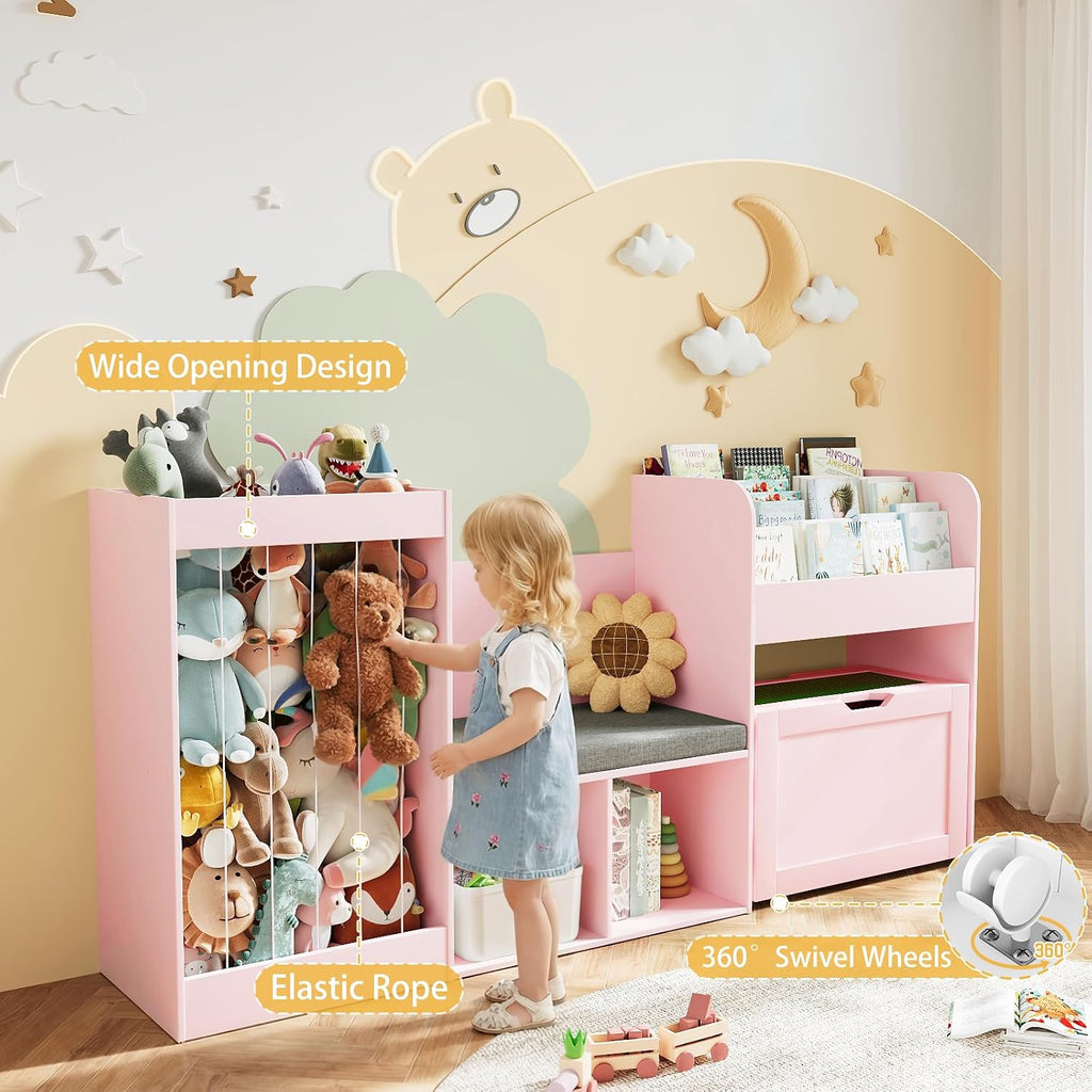 68.9'W Kids Toy Storage, Large Bookshelf with Reading Nook, Removable Building Baseplate Lid for Lego, Rolling Drawers, Stuffed Animal Storage, Bench and Removable Cushions for Playroom(Pink)