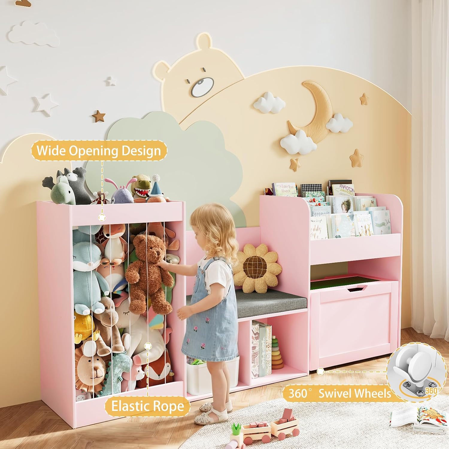 68.9'W Kids Toy Storage, Large Bookshelf with Reading Nook, Removable Building Baseplate Lid for Lego, Rolling Drawers, Stuffed Animal Storage, Bench and Removable Cushions for Playroom(Pink)