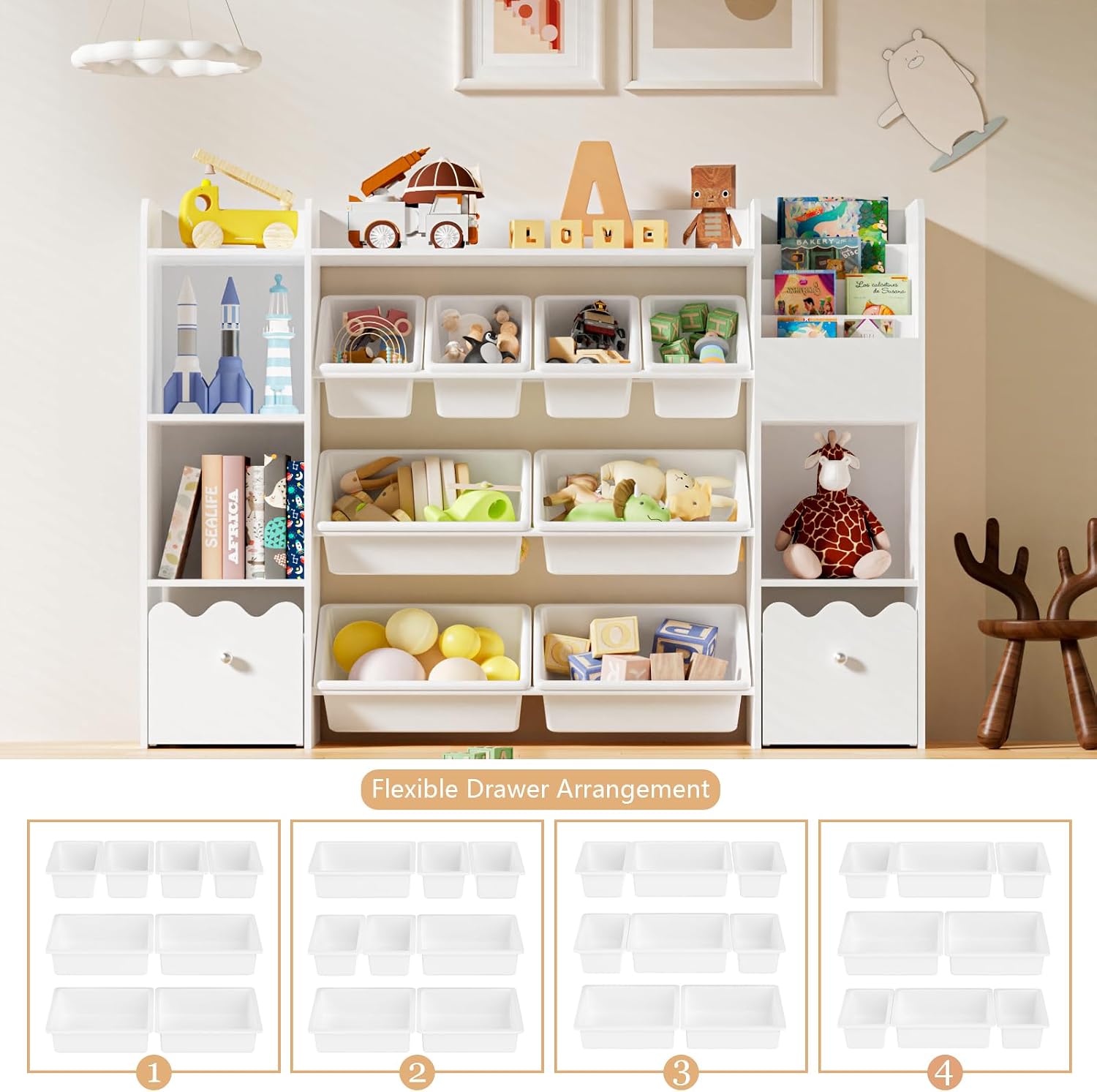 HOMMPA 55' W Kids Toy Storage Organizer with 2 Movable Drawer 4-Tier Bookshelf for Kids Children's Organizer Cabinet with 8 Toy Bins for Playrooms, Classroom and Nurseries,White