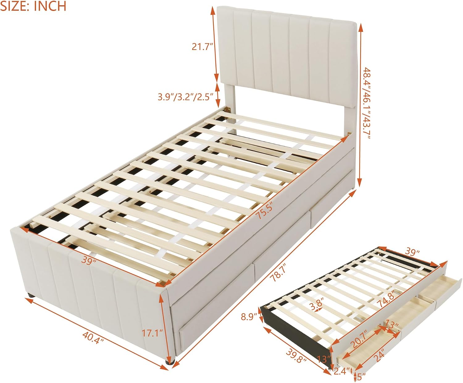 VilroCaz Twin Size Upholstered Platform Bed with Trundle and 3 Drawers, Linen Fabric Platform Bed Frame with Stripe Headboard, No Box Spring Needed, Space Savings (Beige+Li)