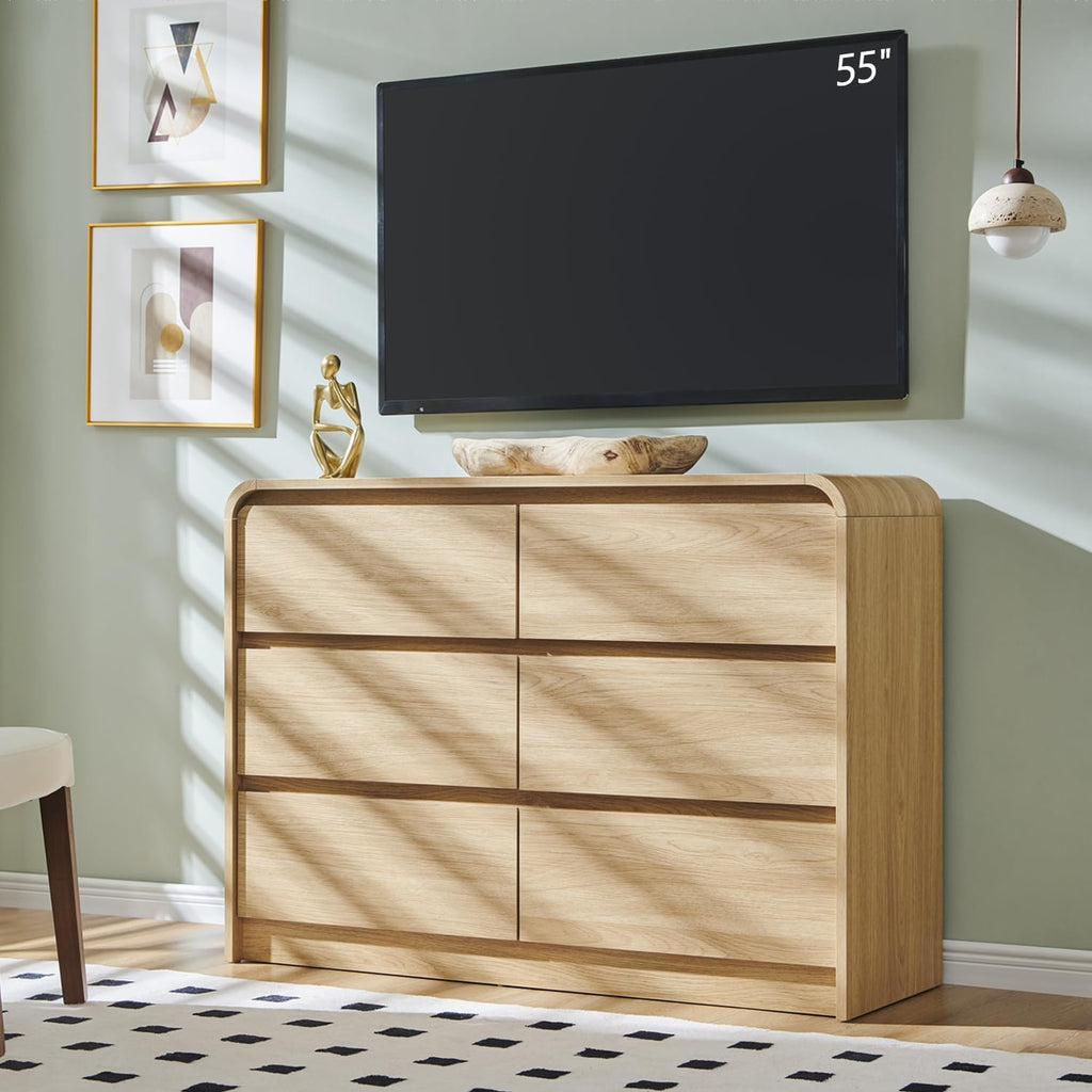 Aitjunz Modern 6 Drawers Dresser for Bedroom, 47' Wide Wood Dressers & Chests of Drawers w/Curved Profile Design, Mid Century Modern Dresser w/Natural Texture for Bedroom, Living Room, Natural Oak