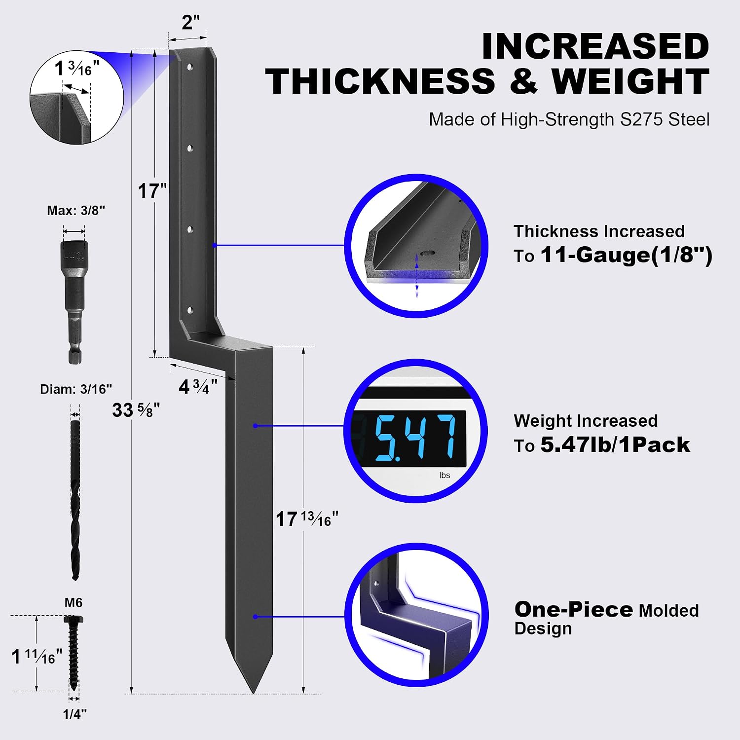 Fence Post Repair Kit - One-Piece Steel Anchors & Stakes for Broken/Leaning 4x4/6x6 Wood Posts (Thickened 11-Gauge, 6-Pack)