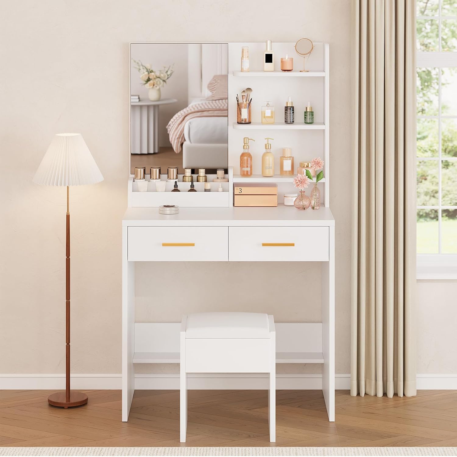 Vanity Desk with Vertical Mirror, White Makeup Table with 2 Drawers Shelves Full-Length Dressing Table Modern Set for Bedroom Dorm Apartment Ideal for Women Girls Teens