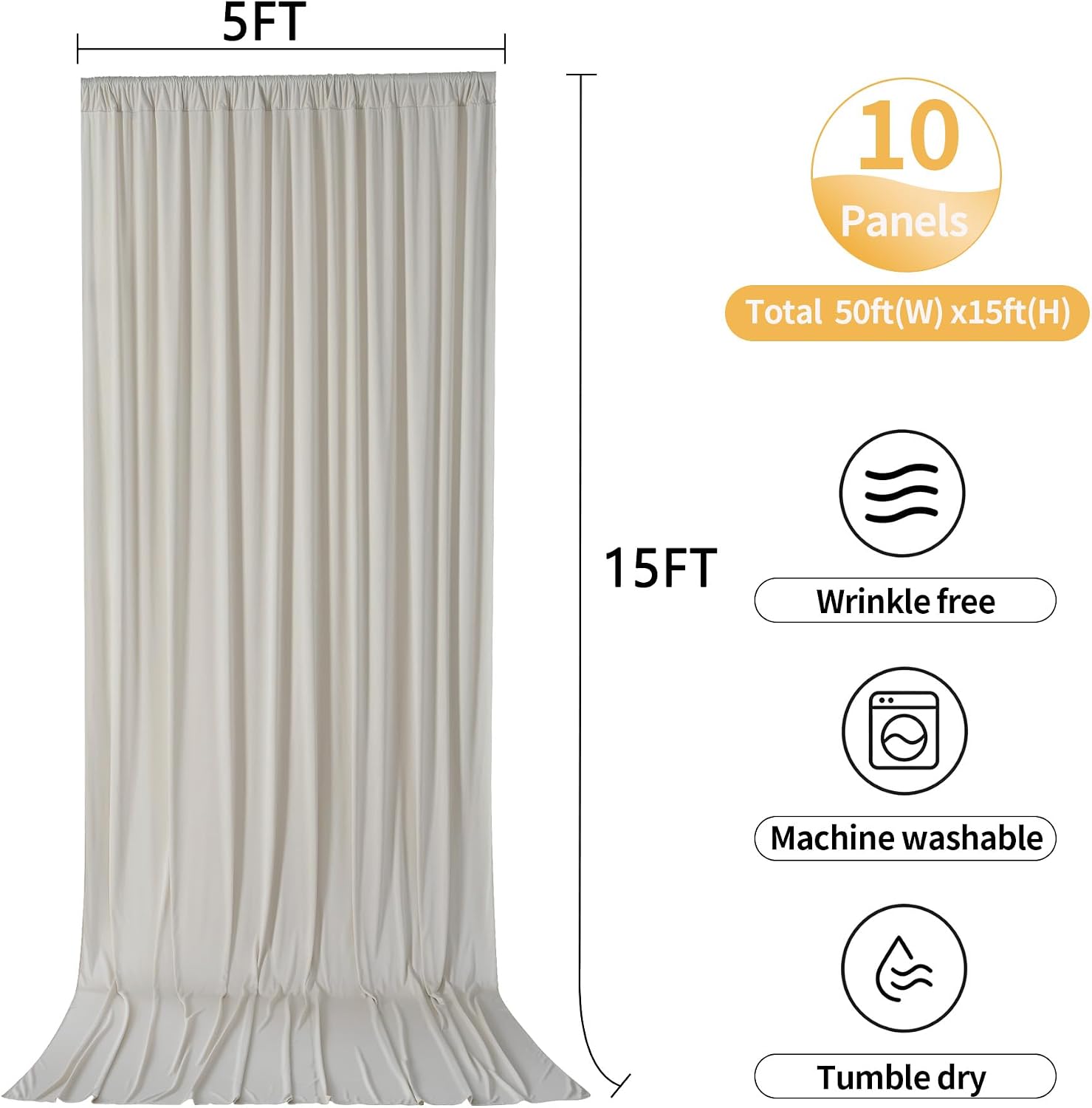 50ftx15ft Beige Backdrop Curtains for Parties, Wrinkle Free Polyester Beige Photo Backdrop Drapes 10 Panels 15 ft Long Back Drop Cloth for Wedding Birthday Photography Background Party
