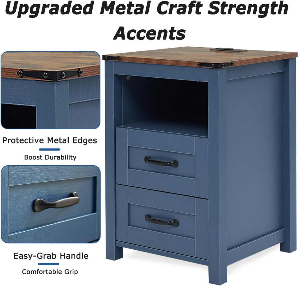 Farmhouse Night Stand Set of 2, Rustic Blue Nightstand for Bedroom, End Tables with Charging Station, Bedside Table with Drawers, Wood Bedside Cabinet Dresser