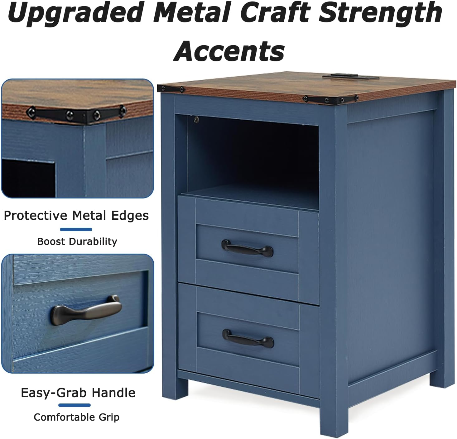 Farmhouse Night Stand Set of 2, Rustic Blue Nightstand for Bedroom, End Tables with Charging Station, Bedside Table with Drawers, Wood Bedside Cabinet Dresser