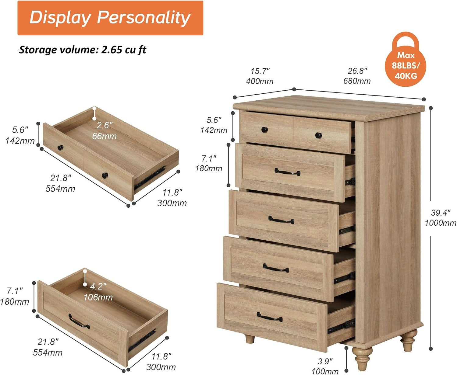WAMPAT Oak Dresser for Bedroom with 5 Drawers, Tall Kids Dressers with Chest of Drawers, Farmhouse Light Wood Storage Organizer, Samll Dressers for Living Room, Nursery, Hallway