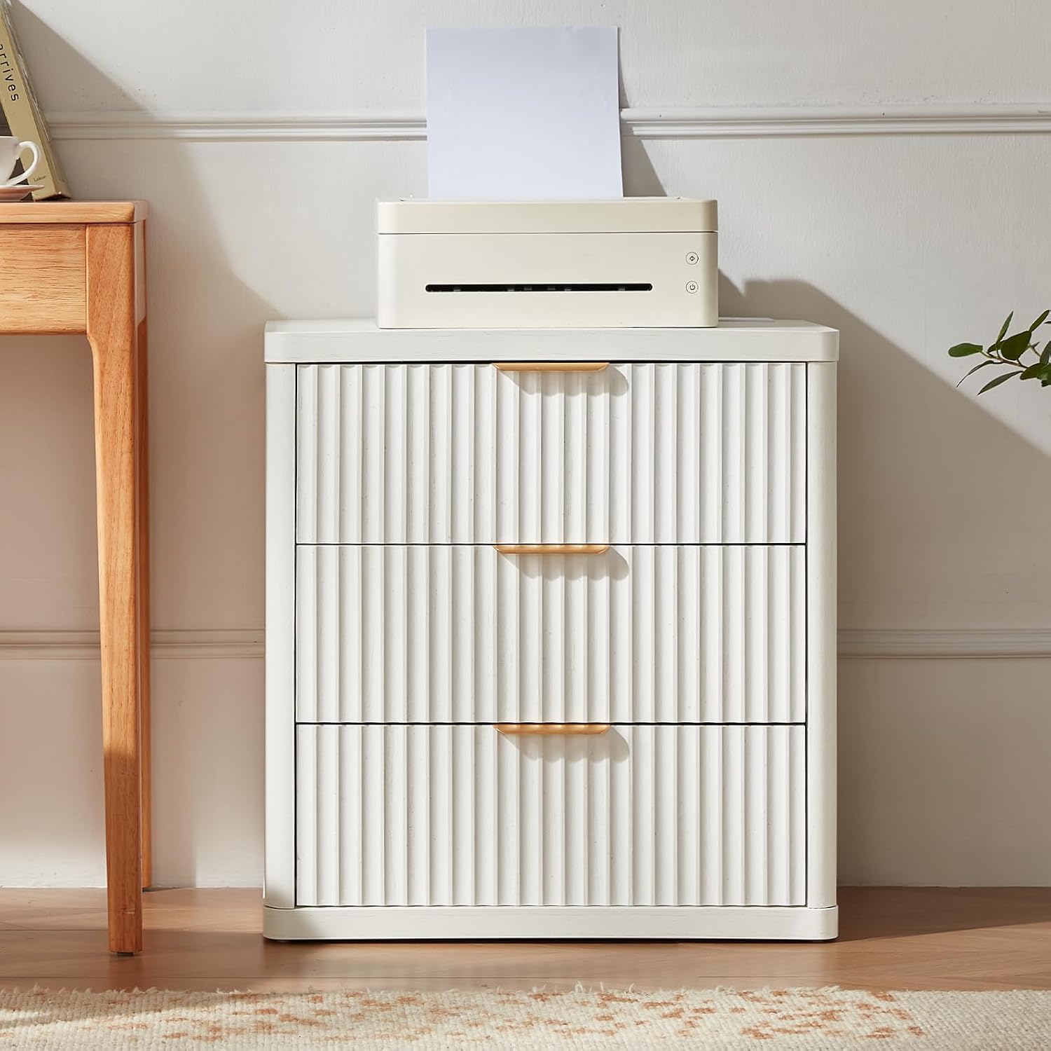 LEYAOYAO 23' Wide Fluted Night Stand with Charging Station,3 Drawers Large End Table with Storage,White Nightstand Wood Bedside Tables, Farmhouse Cabinet Dresser for Bedroom,Closet