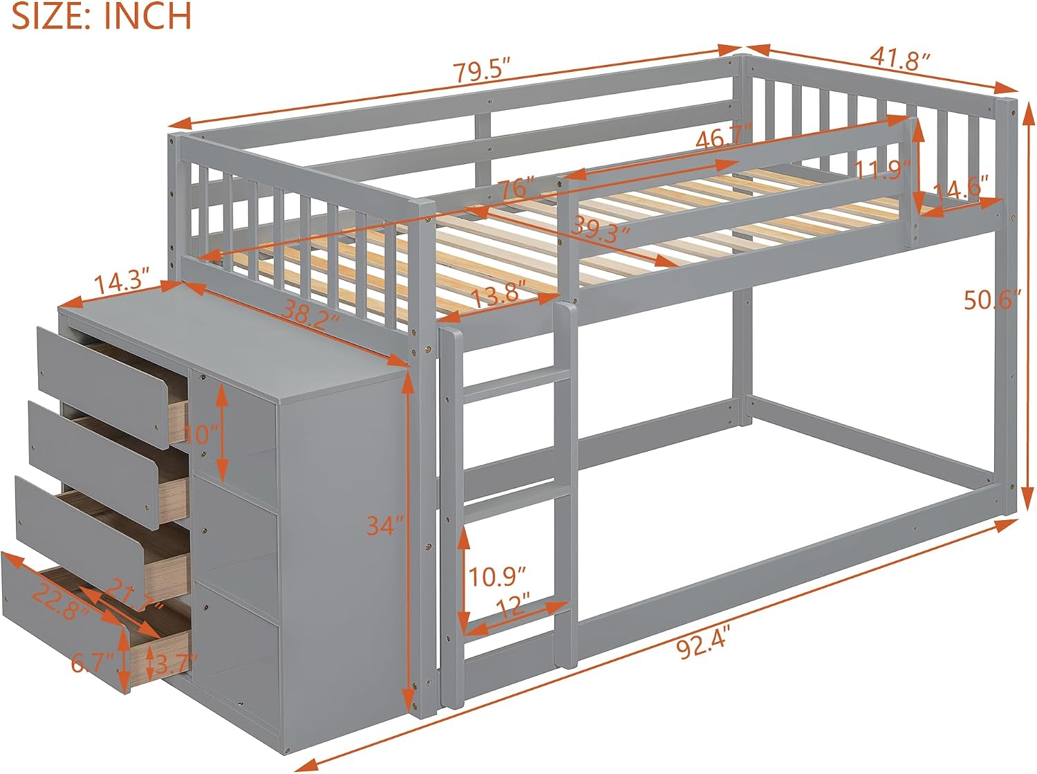 Merax Twin Over Twin Bunk Bed with 4 Drawers and 3 Shelves, Gray Bed Frame Wooden, No Box Spring Needed