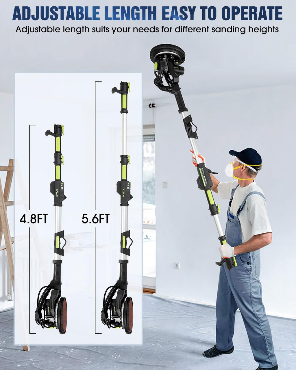 MYTOL Drywall Sander, 7.2A Electric Drywall Sander with Vacuum Dust Collection, LED Light, 6 Variable Speed Digital Display 900-1800RPM, Foldable & Extendable Handle