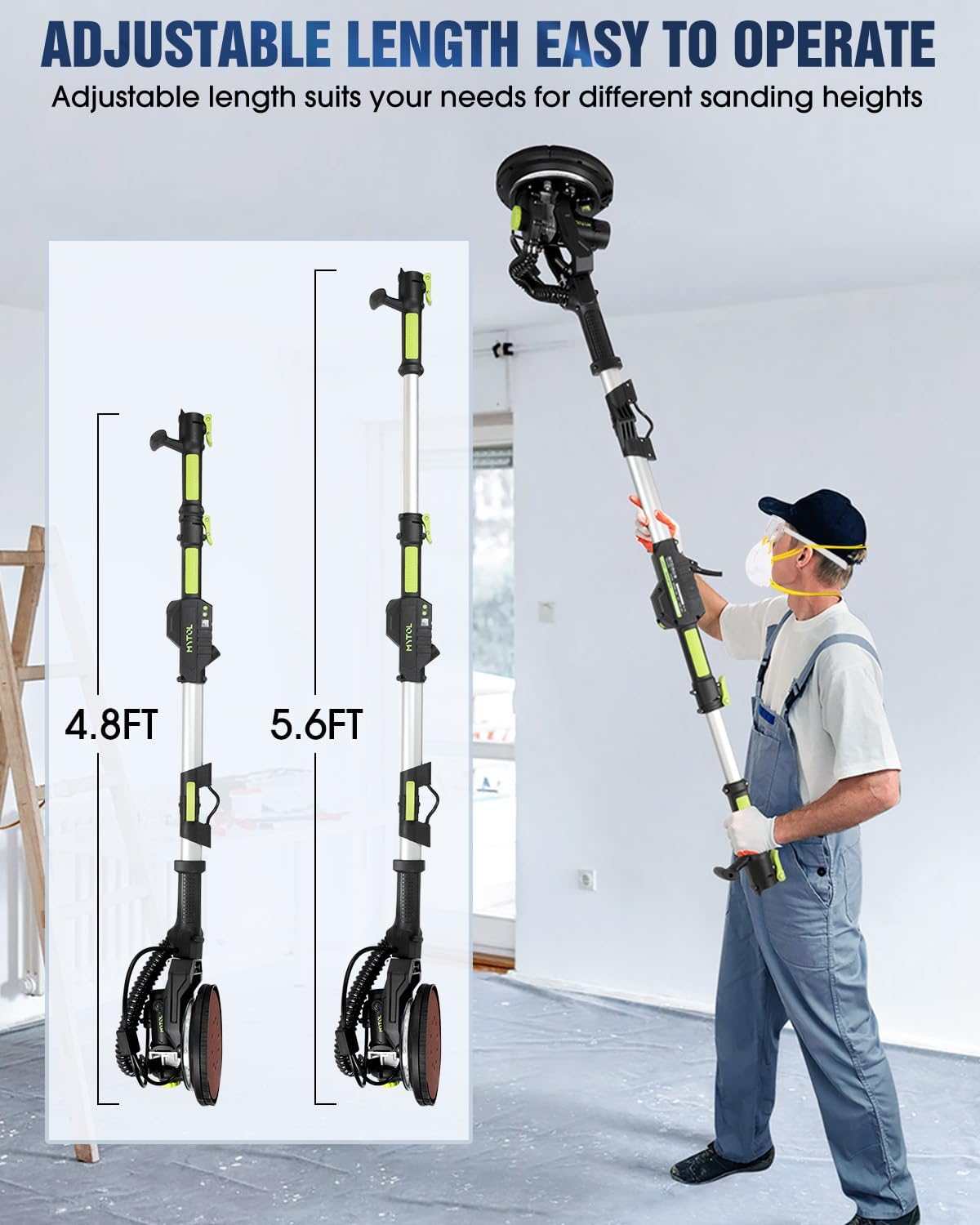 MYTOL Drywall Sander, 7.2A Electric Drywall Sander with Vacuum Dust Collection, LED Light, 6 Variable Speed Digital Display 900-1800RPM, Foldable & Extendable Handle
