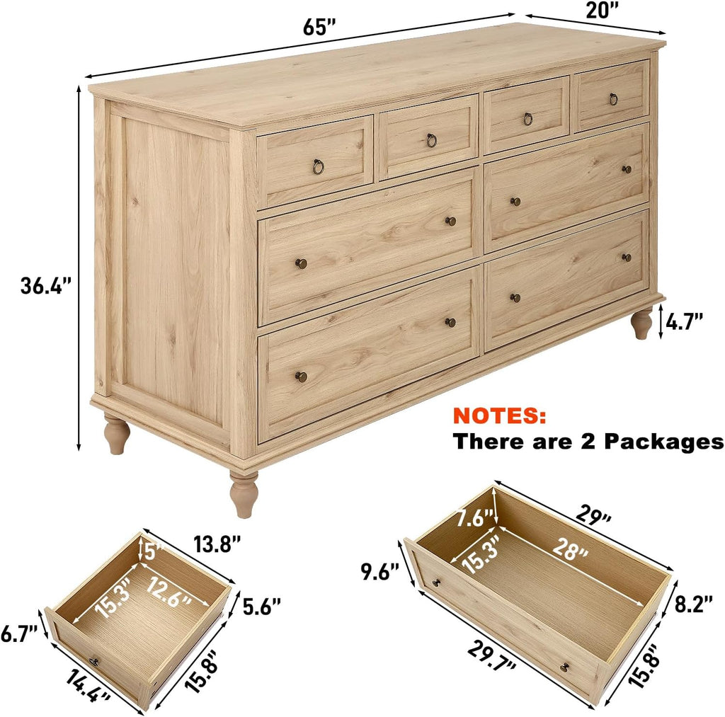 chartustriable 65inch Large Long Drawer Dresser w/Deep Drawers,Rustic Wood 8 Drawer Dresser with Large Capacity for Living Room,Wooden Chest of Drawers for Bedroom,Living Room,Entryway,Oak