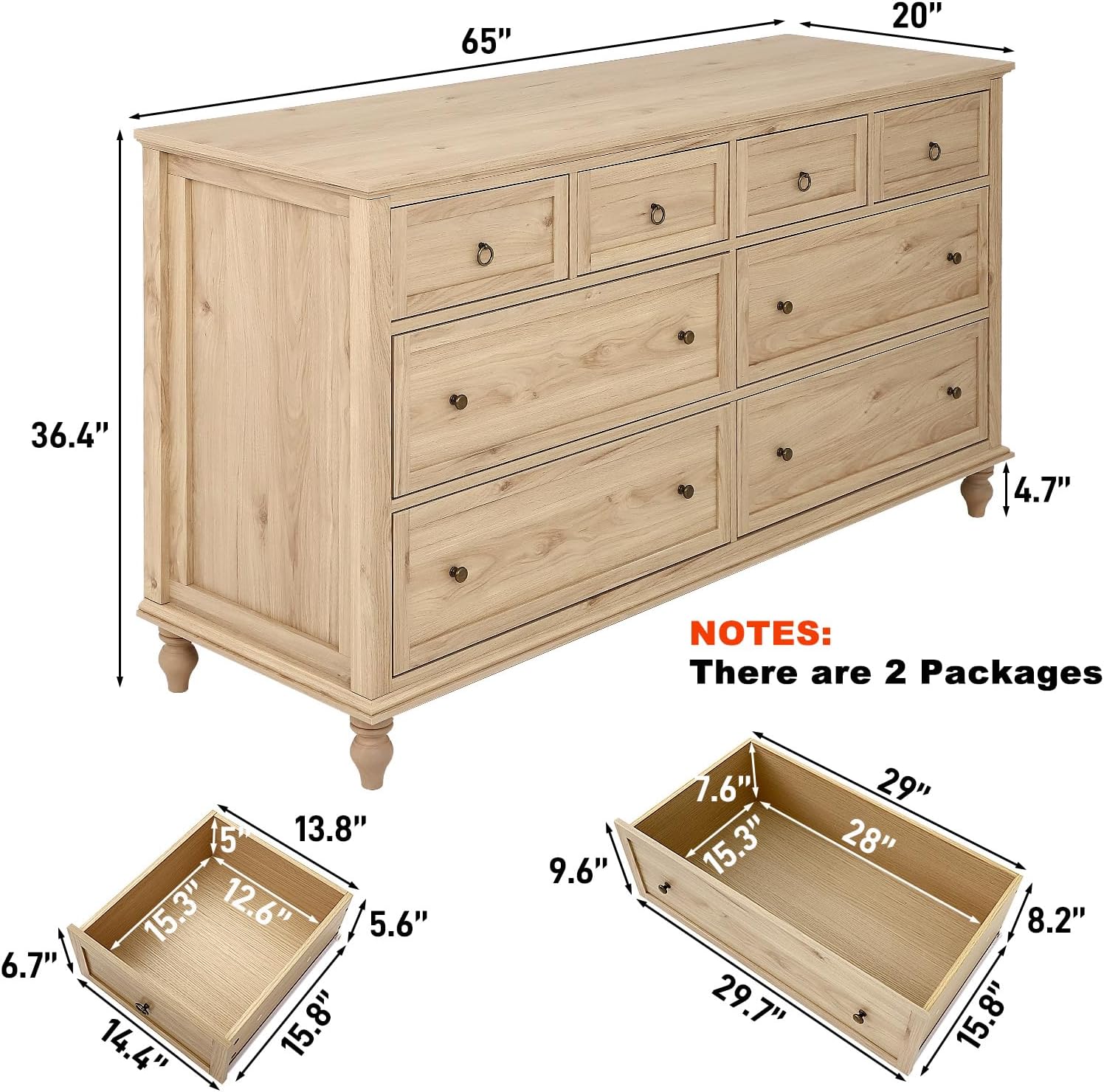 chartustriable 65inch Large Long Drawer Dresser w/Deep Drawers,Rustic Wood 8 Drawer Dresser with Large Capacity for Living Room,Wooden Chest of Drawers for Bedroom,Living Room,Entryway,Oak