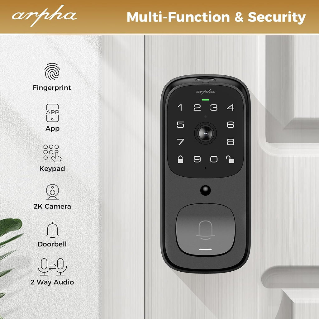 WiFi Smart Door Lock, 5-in-1 Fingerprint Keyless Entry Door Lock, Two-Way Audio, Dual Motion Sensors, App Remote Control, Keypad Code, IP65 Waterproof