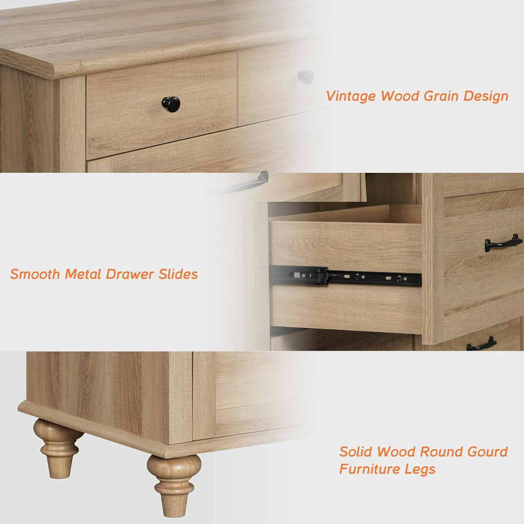WAMPAT Oak Dresser for Bedroom with 5 Drawers, Tall Kids Dressers with Chest of Drawers, Farmhouse Light Wood Storage Organizer, Samll Dressers for Living Room, Nursery, Hallway