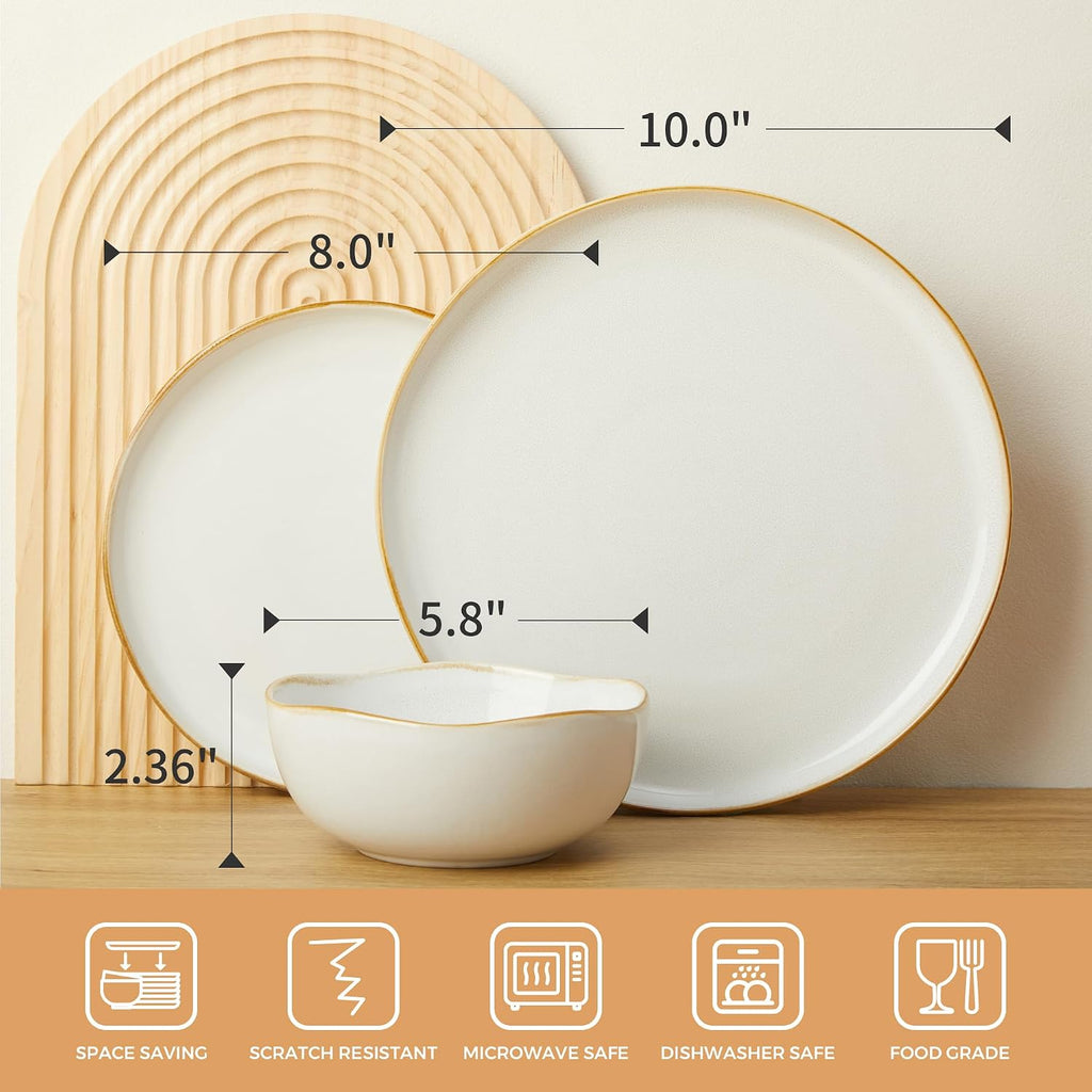 Pokini 24 Piece White Ceramic Plates and Bowls Sets for 8, Reactive Glaze Stoneware with Coastal‑Line Look | Ideal for Holiday Entertaining, Thanksgiving, and Large Family Meals