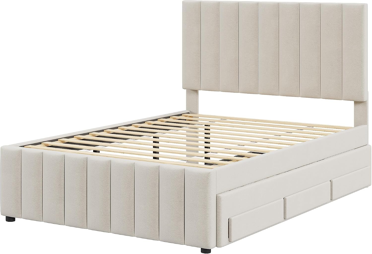 VilroCaz Full Size Upholstered Platform Bed with Trundle and 3 Drawers, Linen Fabric Platform Bed Frame with Stripe Headboard, No Box Spring Needed, Space Savings (Beige-6.16)
