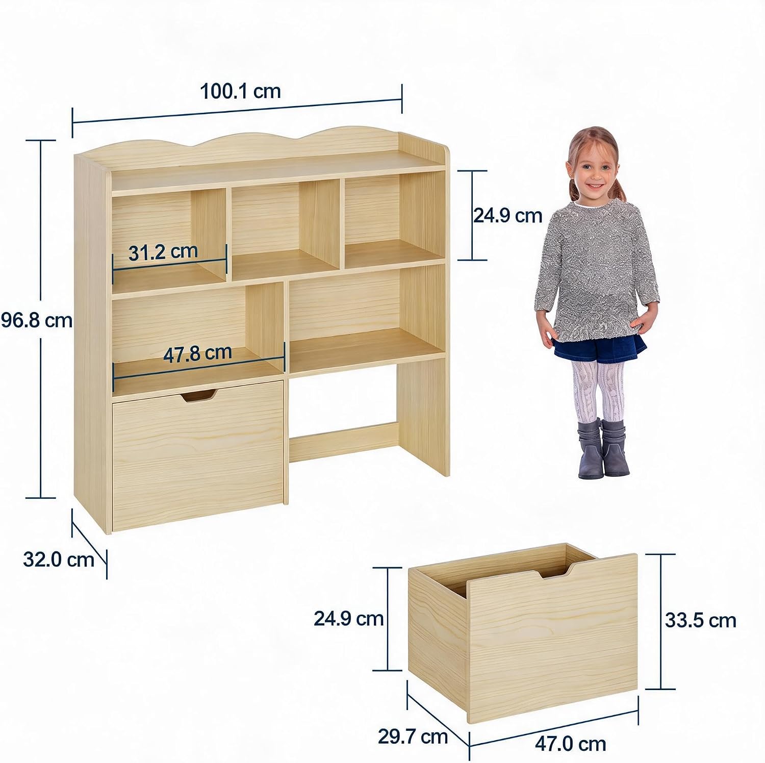 IDEALHOUSE Toy Storage Cabinet, Kids Bookshelf with Movable Drawers and Open Shelves, Kids Bookcase Organizer for Playroom Nursery Kindergarten
