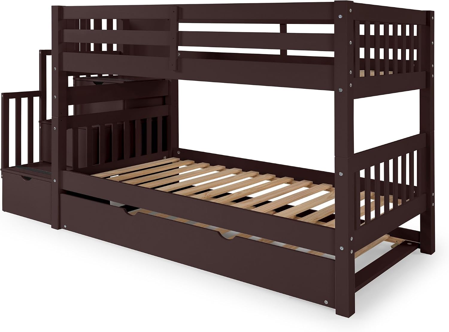 Bedz King Stairway Bunk Beds Twin Over Twin, 3 Step Drawers and a Twin Trundle, Dark Cherry