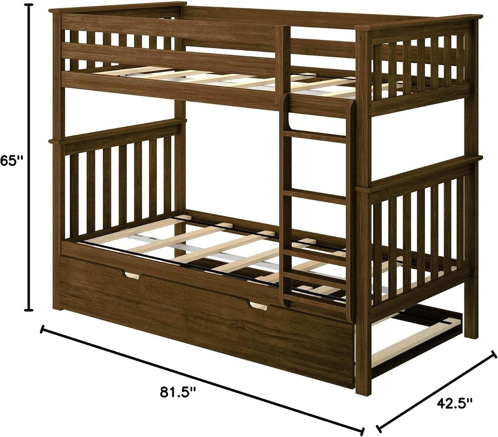 Max & Lily Bunk Bed, Twin-Over-Twin Bed Frame for Kids with Trundle, Walnut